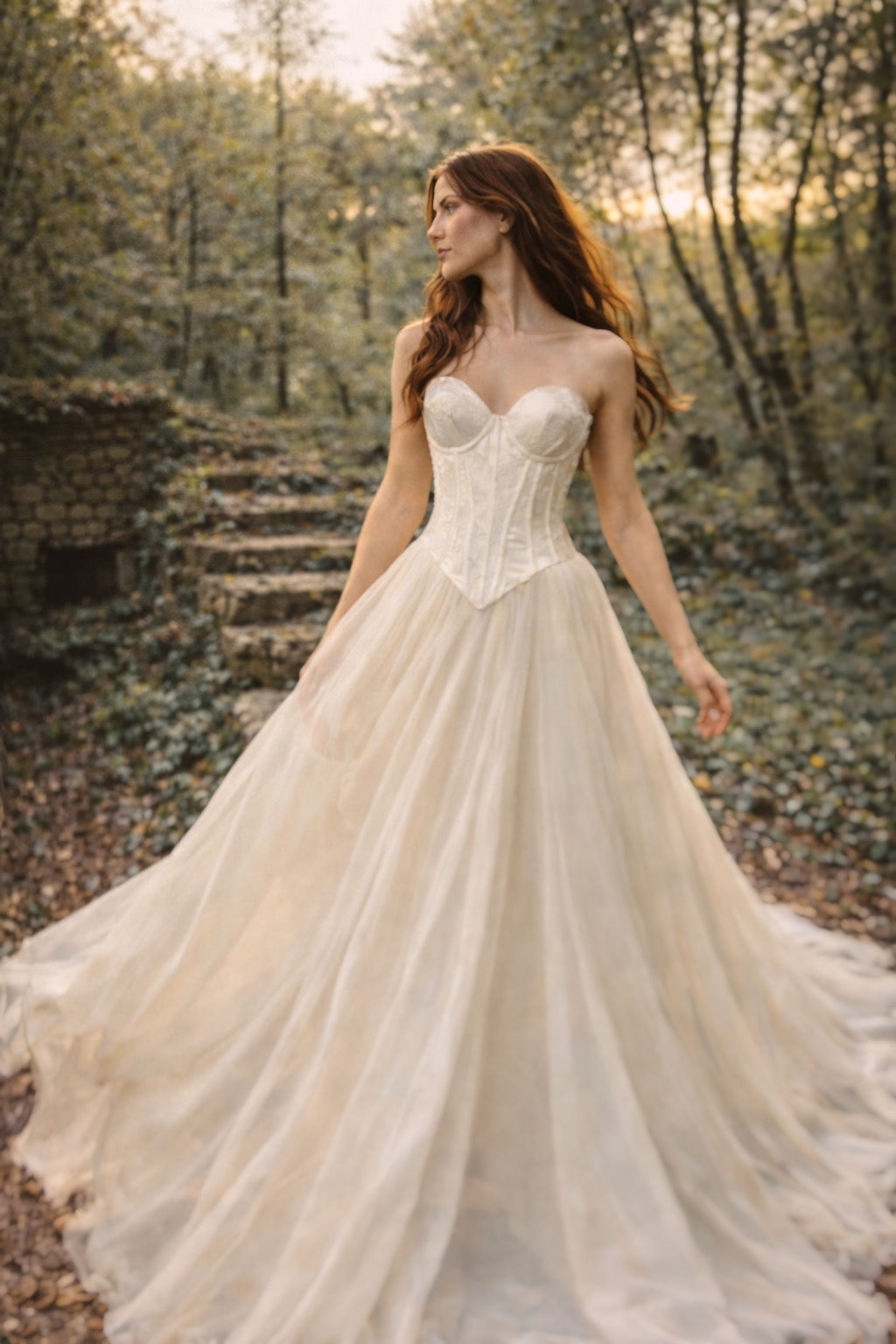 Cadence ethereal wedding dress with corset bodice and flowing chiffon skirt in outdoor editorial by Lauren Elaine Bridal
