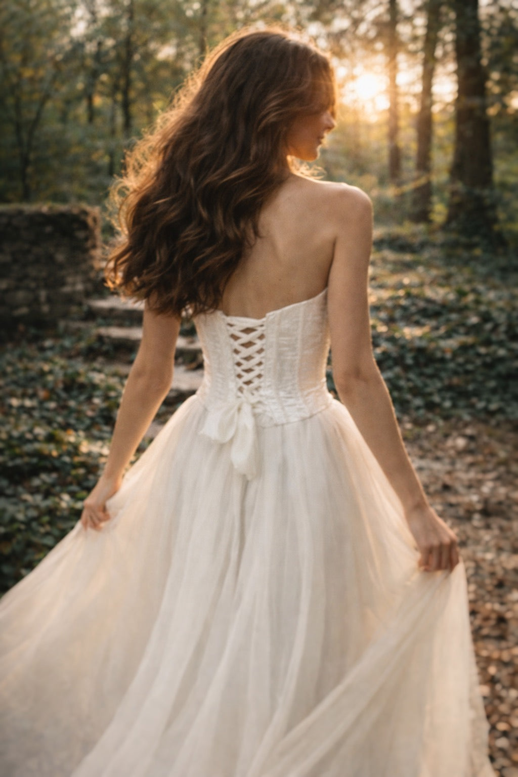 Cadence back view basque waist corset wedding dress with lace-up bodice and chiffon skirt by Lauren Elaine Bridal