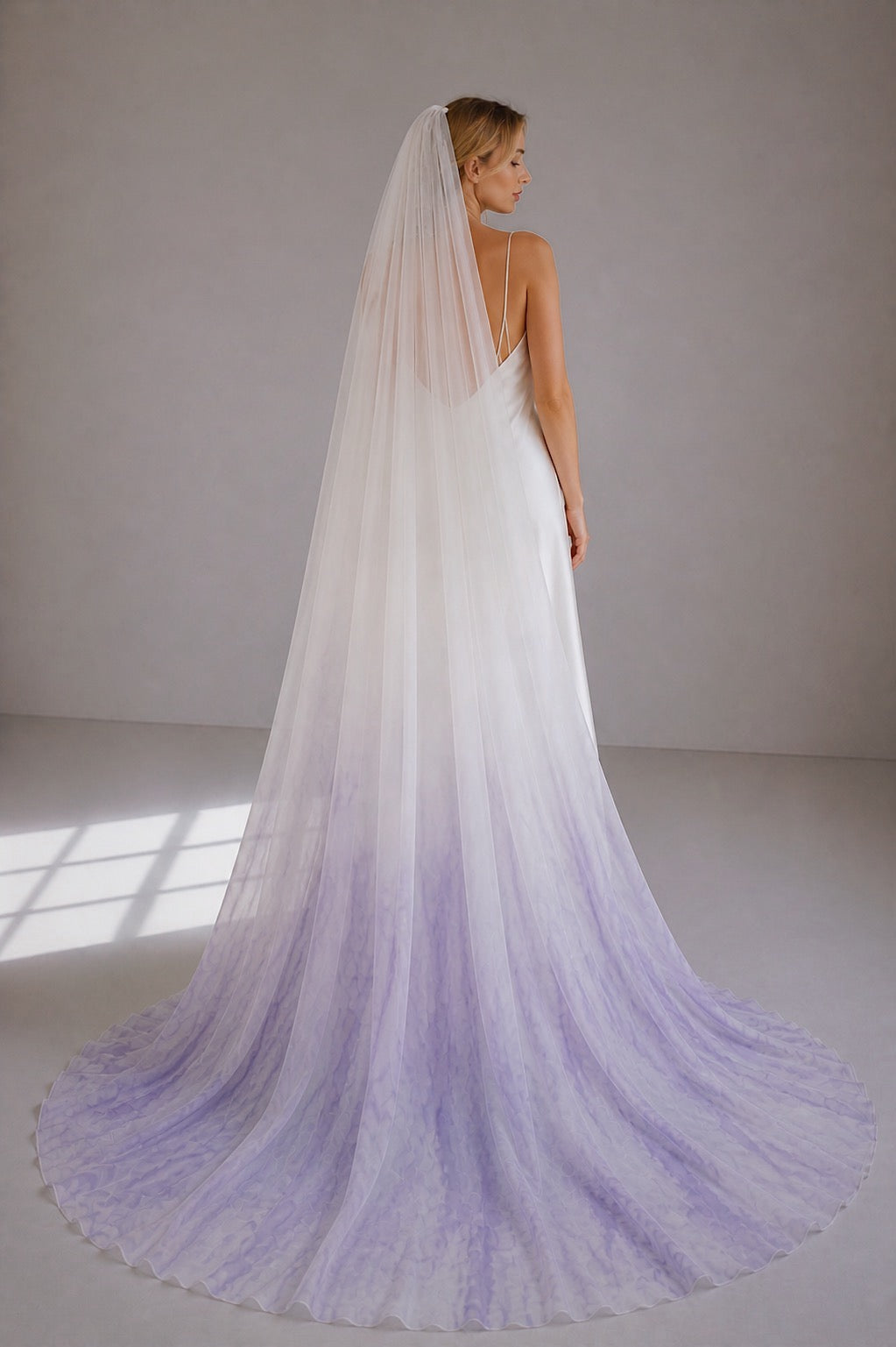 Chroma veil lavender ombre bridal veil with sheer chiffon layers and subtle watercolor-inspired color fade