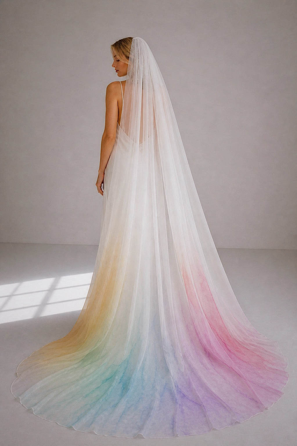Chroma veil rainbow ombre wedding veil with pastel color gradient in sheer chiffon cathedral length