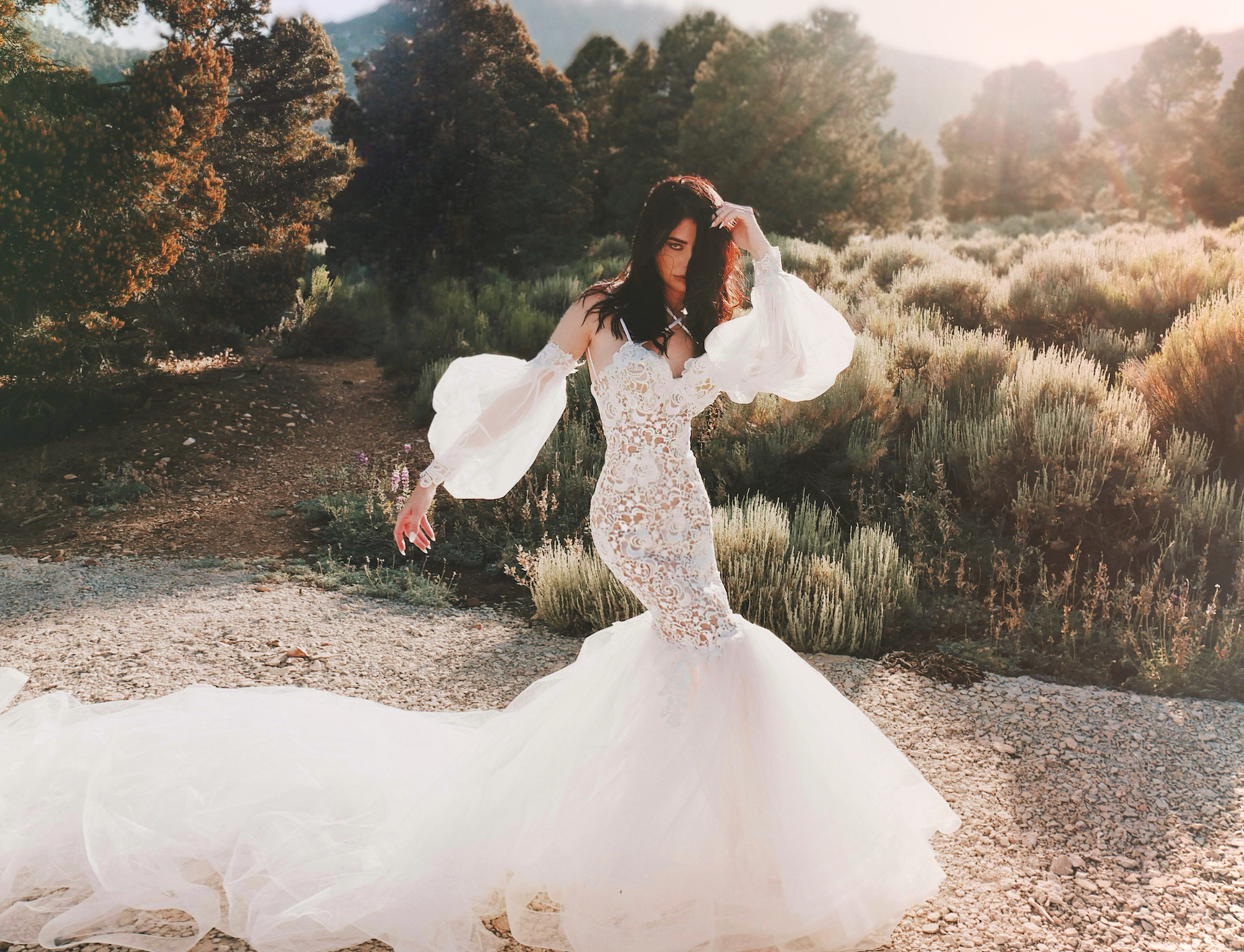 Sexy guipure lace mermaid wedding dress by Lauren Elaine with Detachable Lace & Tulle Bishop Sleeves