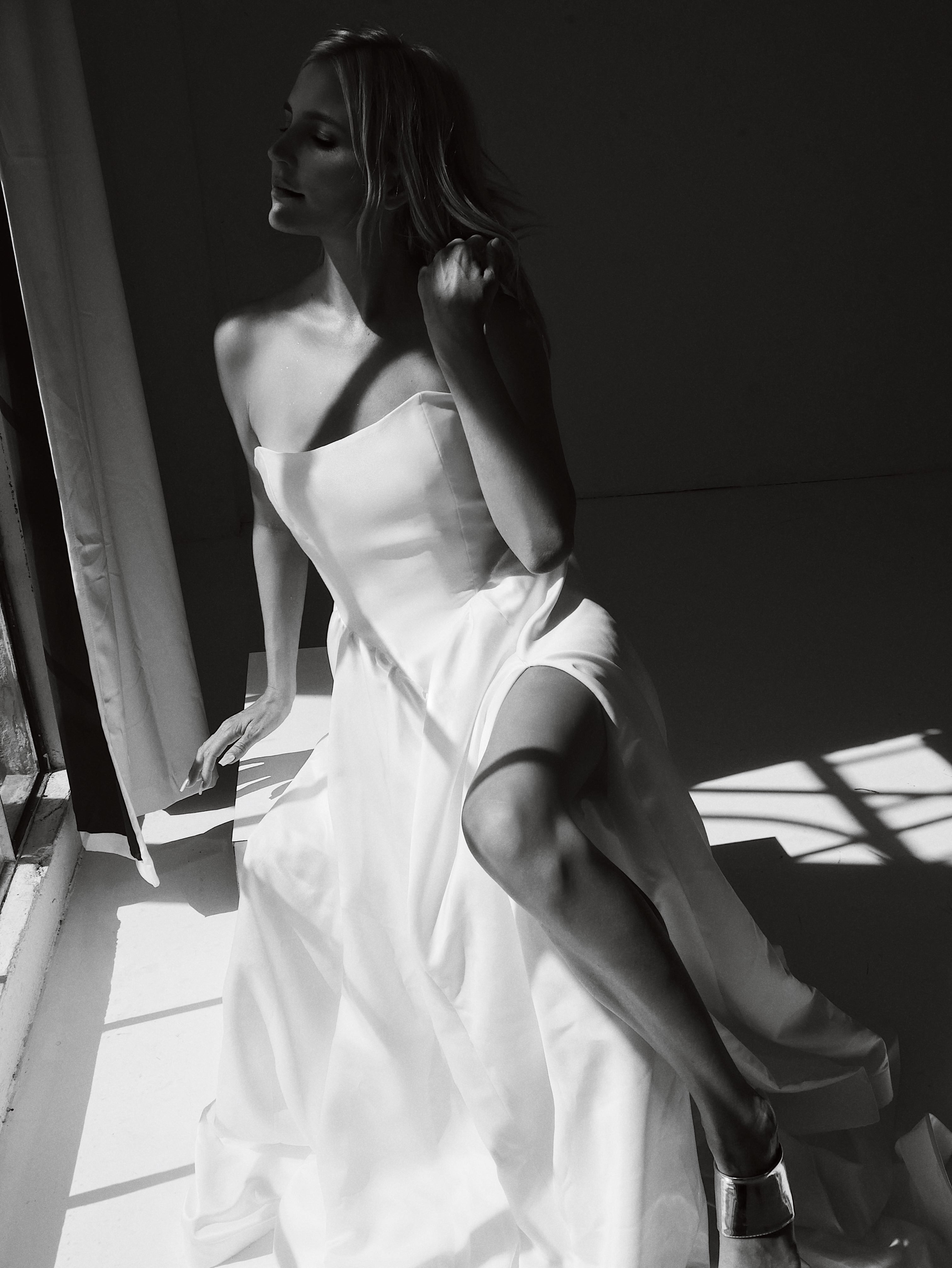 Elegant swoop neck Corset Basque Waist Wedding Dress with Slit by Lauren Elaine Los Angeles