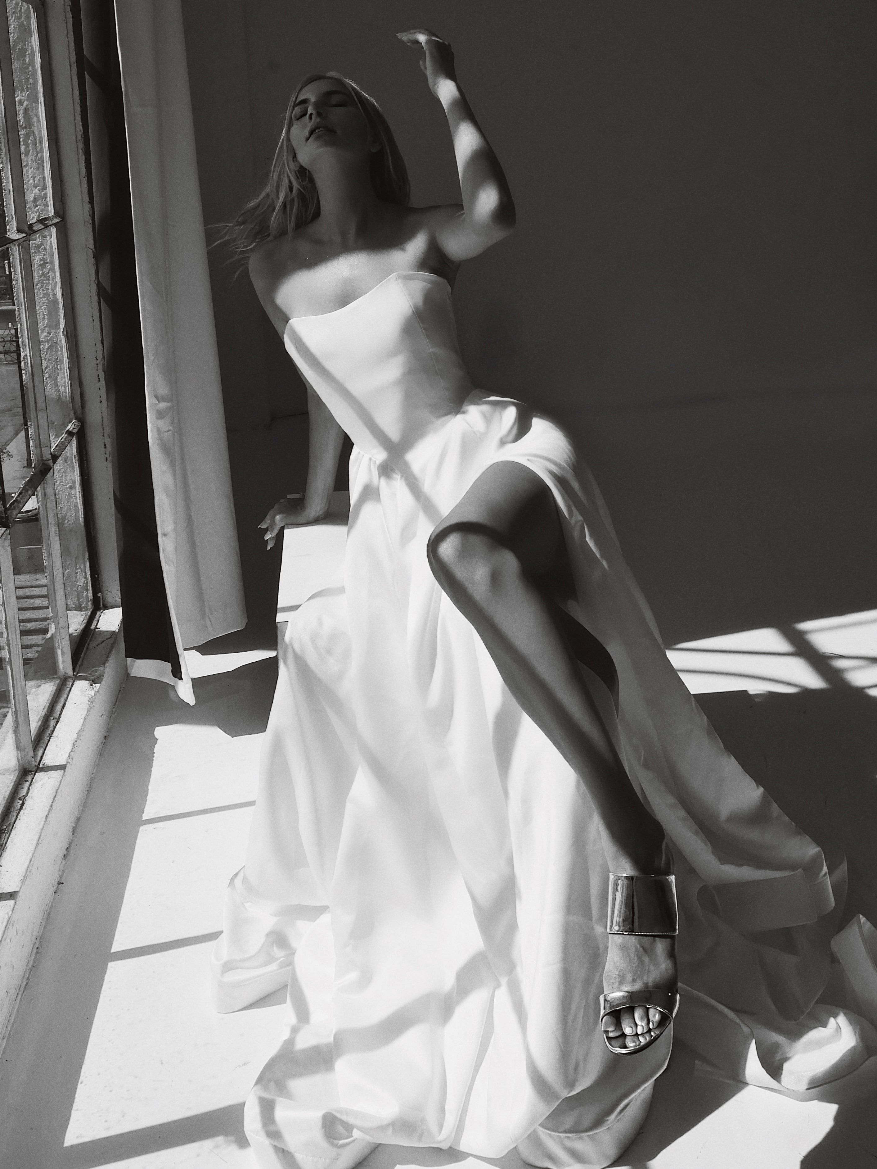 Corset Basque Waist Wedding Dress with Slit and Swoop neckline by Lauren Elaine