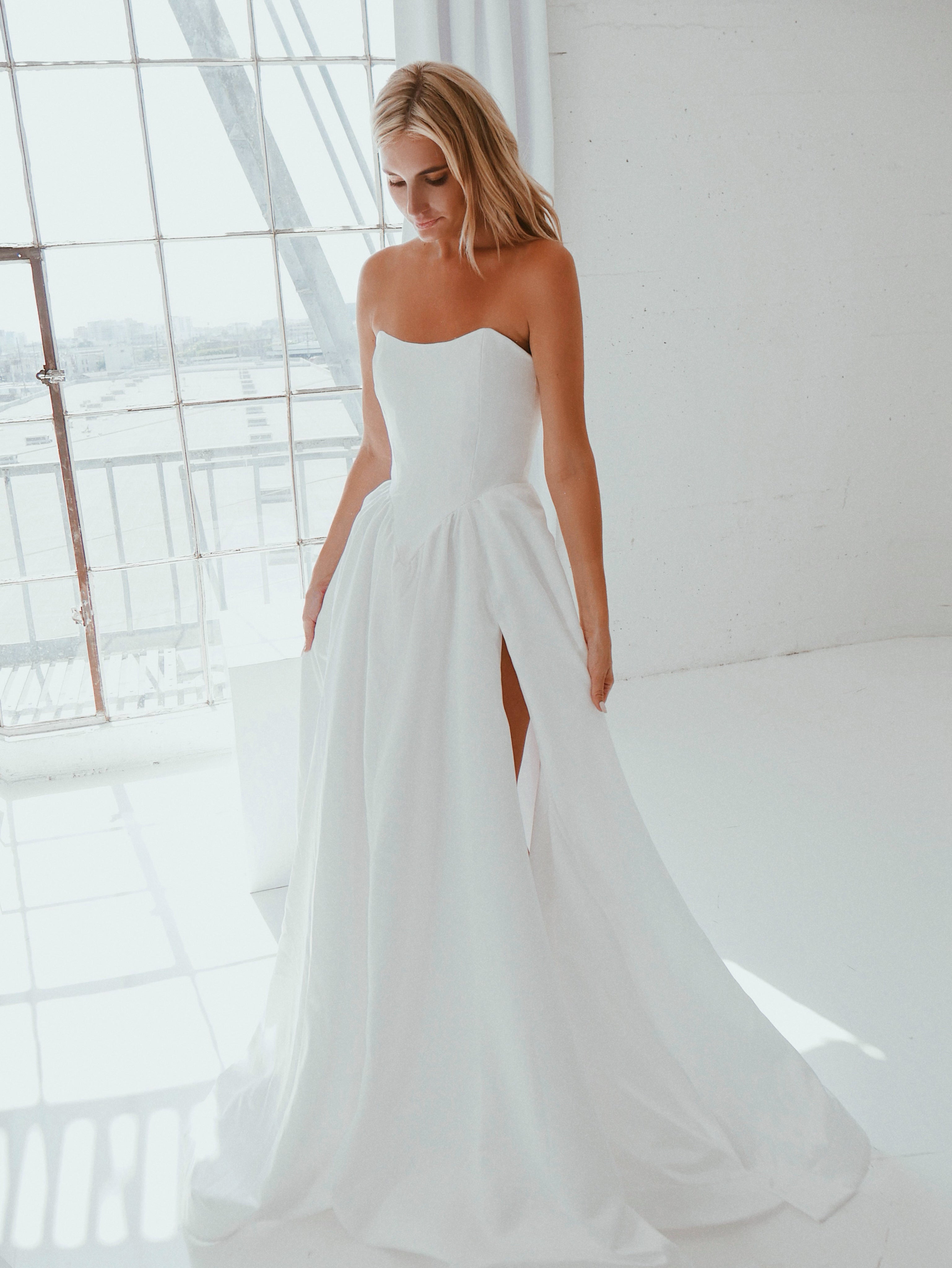 "Canvas" by Lauren Elaine Corset Basque Waist Wedding Dress with Slit