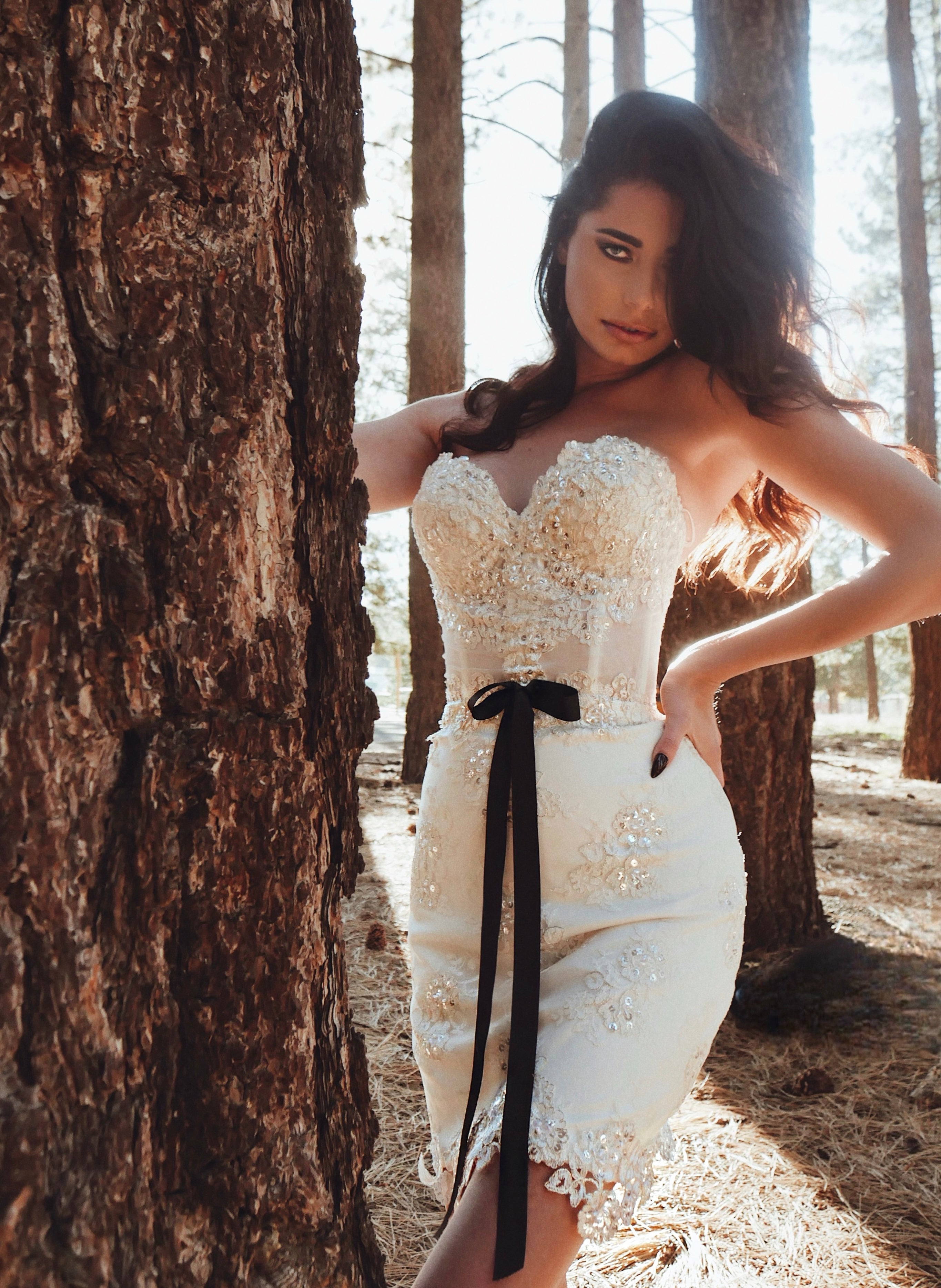 Black and white lace corset mini wedding dress with bow