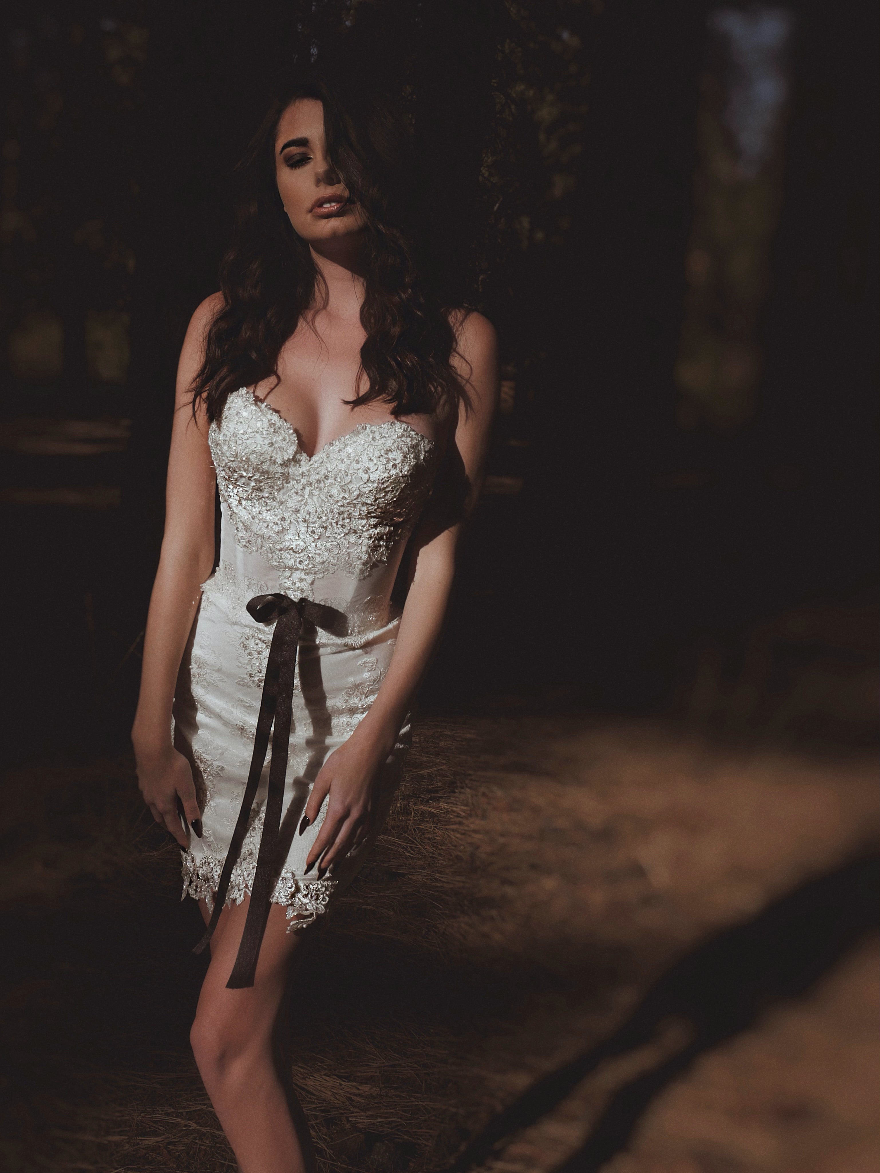 Lauren Elaine lace corset mini wedding dress with bow