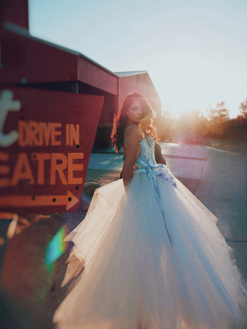 Lauren Elaine Provencia Boho Chic Blue Toile Wedding Dress + Convertible Mini Reception Dress