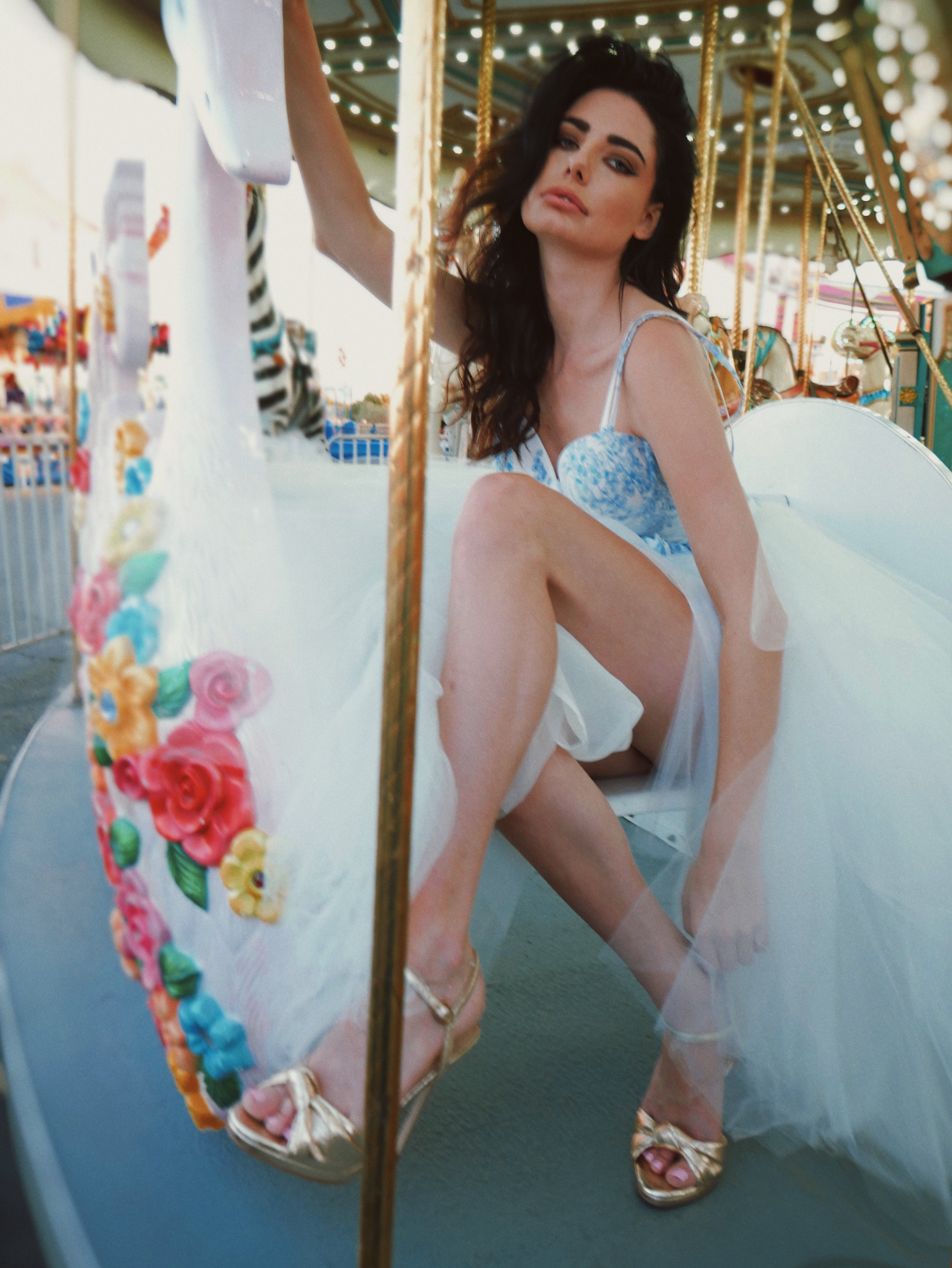 Lauren Elaine Provencia Whimsical mini Blue Toile Wedding Dress with slit