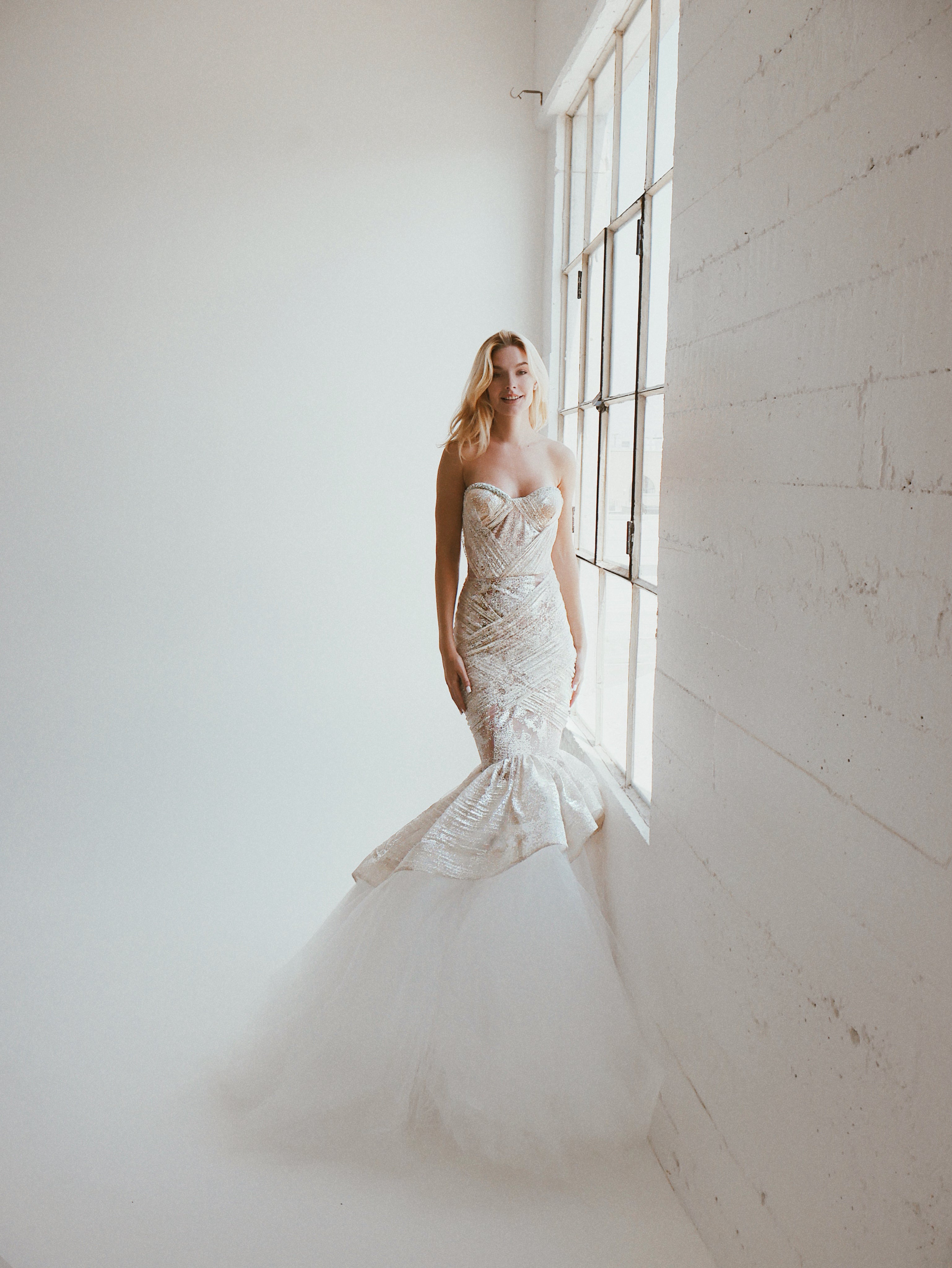 Lauren Elaine ruched sparkle tulle corset mermaid wedding gown 