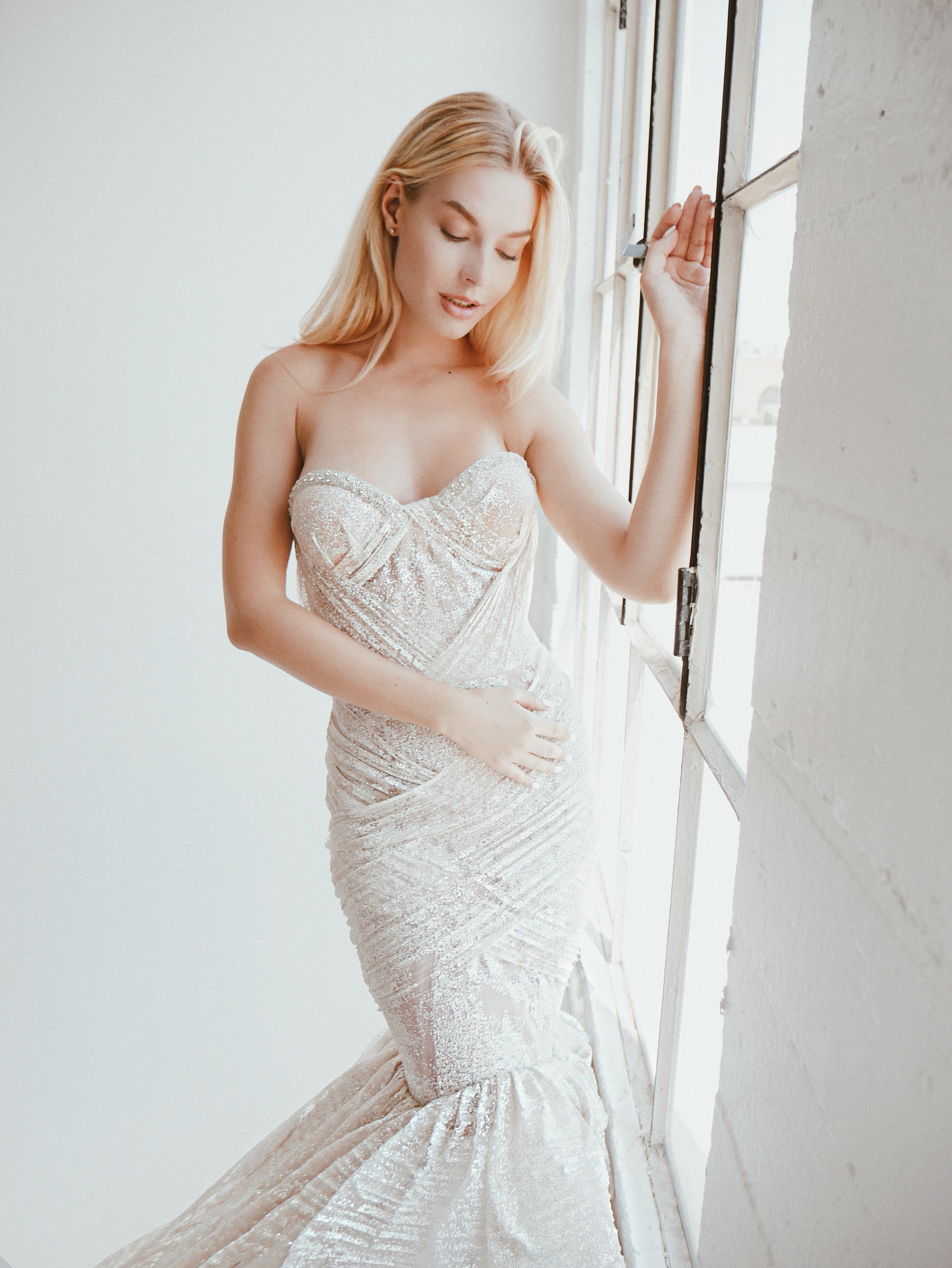 Lauren Elaine Siren gold sparkle mermaid wedding dress with detachable overskirt and train