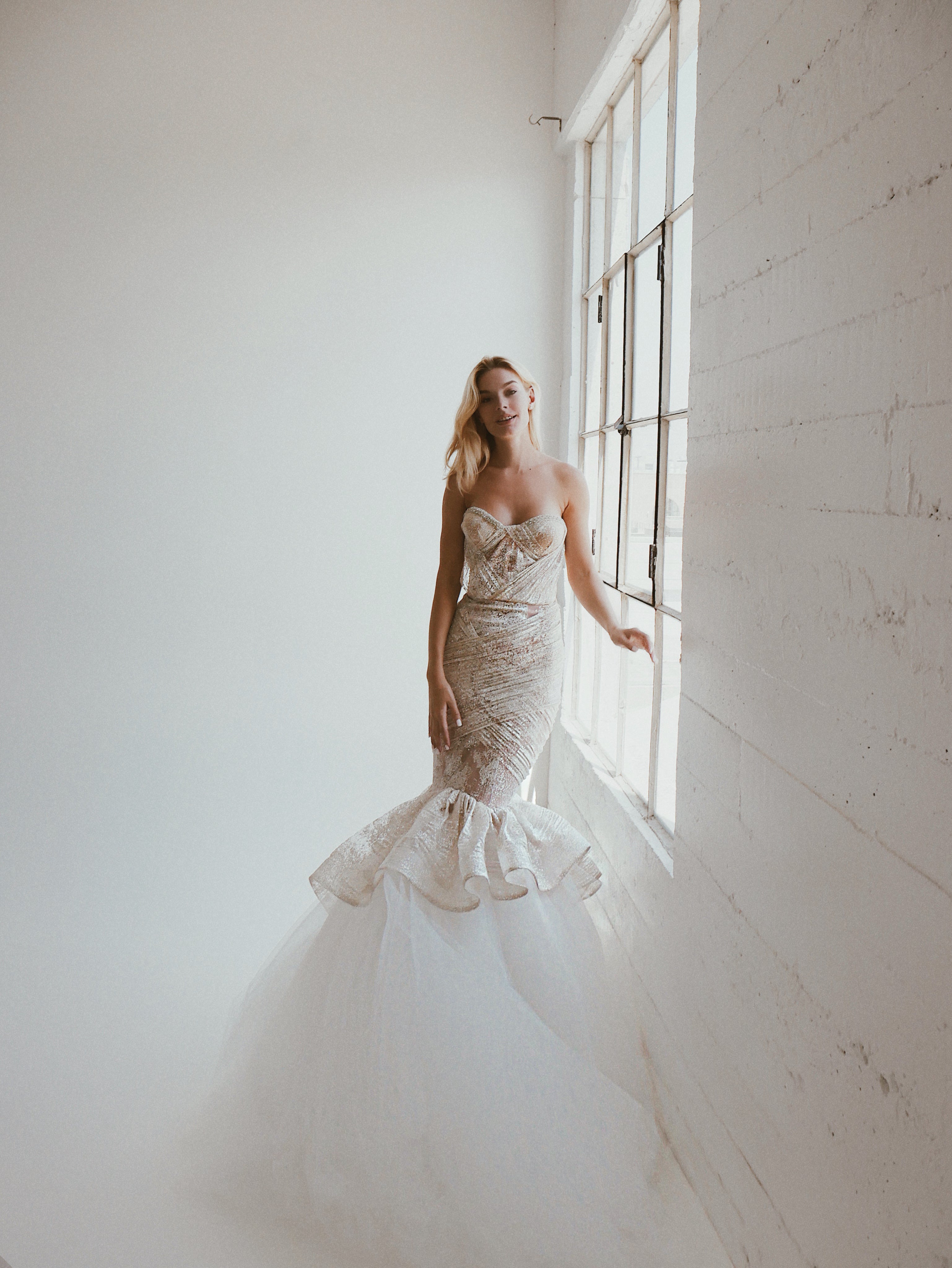Lauren Elaine Siren bustier corset mermaid wedding dress with detachable skirt and peplum