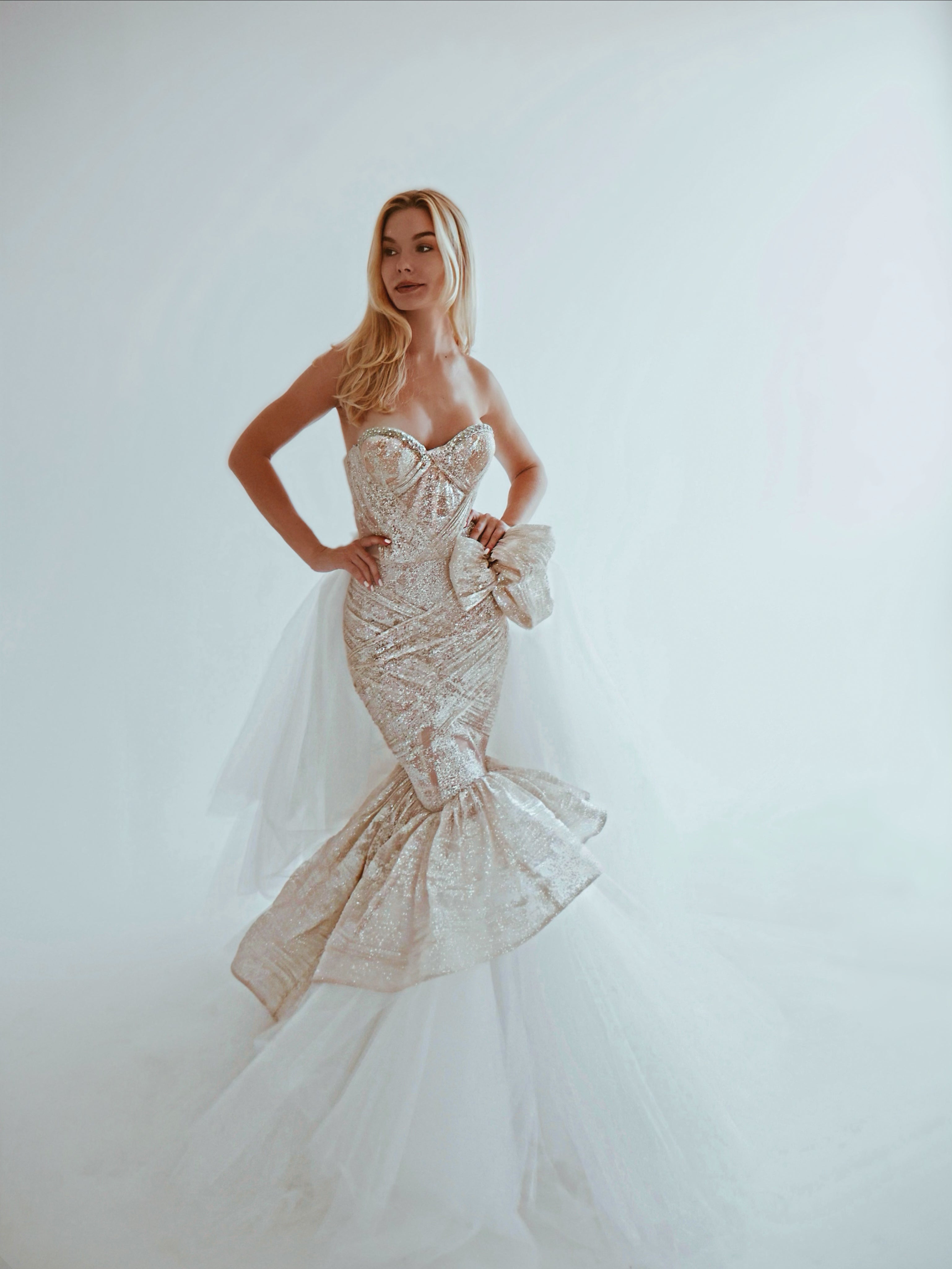 Lauren Elaine Siren sparkle corset mermaid detachable wedding gown with detachable overskirt.