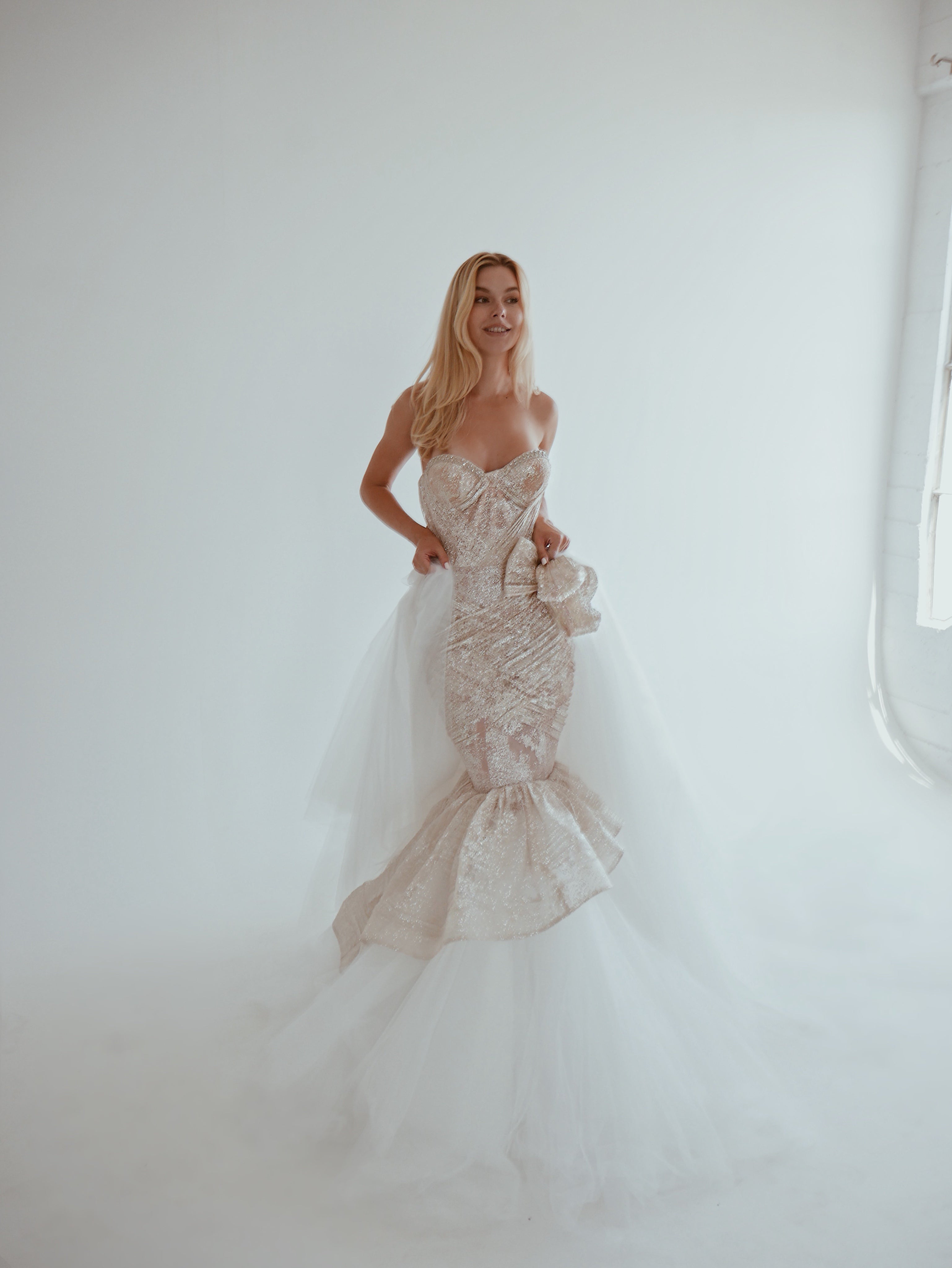 Lauren Elaine mermaid wedding gown with detachable overskirt and glitter corset bustier