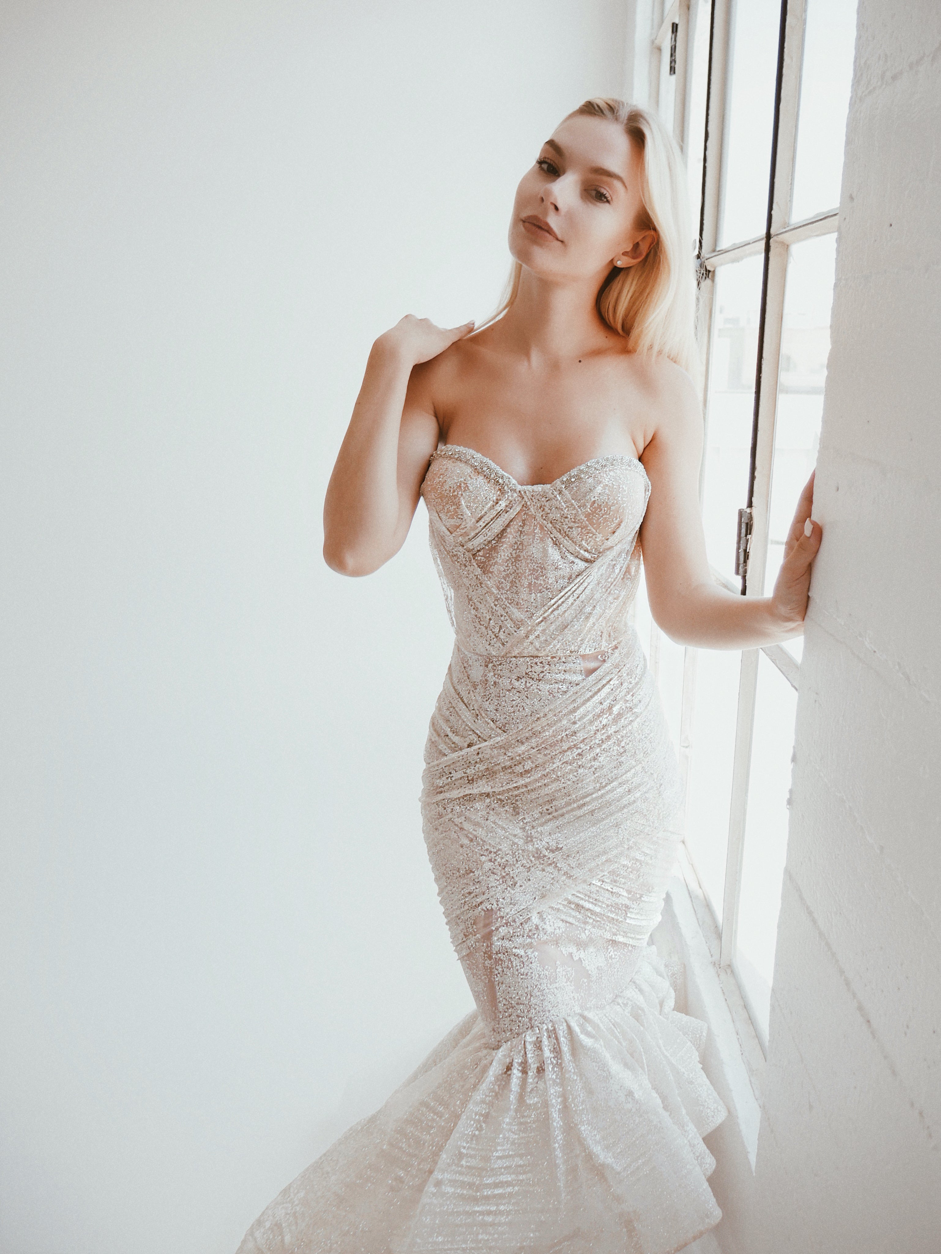 Lauren Elaine Siren strapless bustier corset mermaid wedding gown.