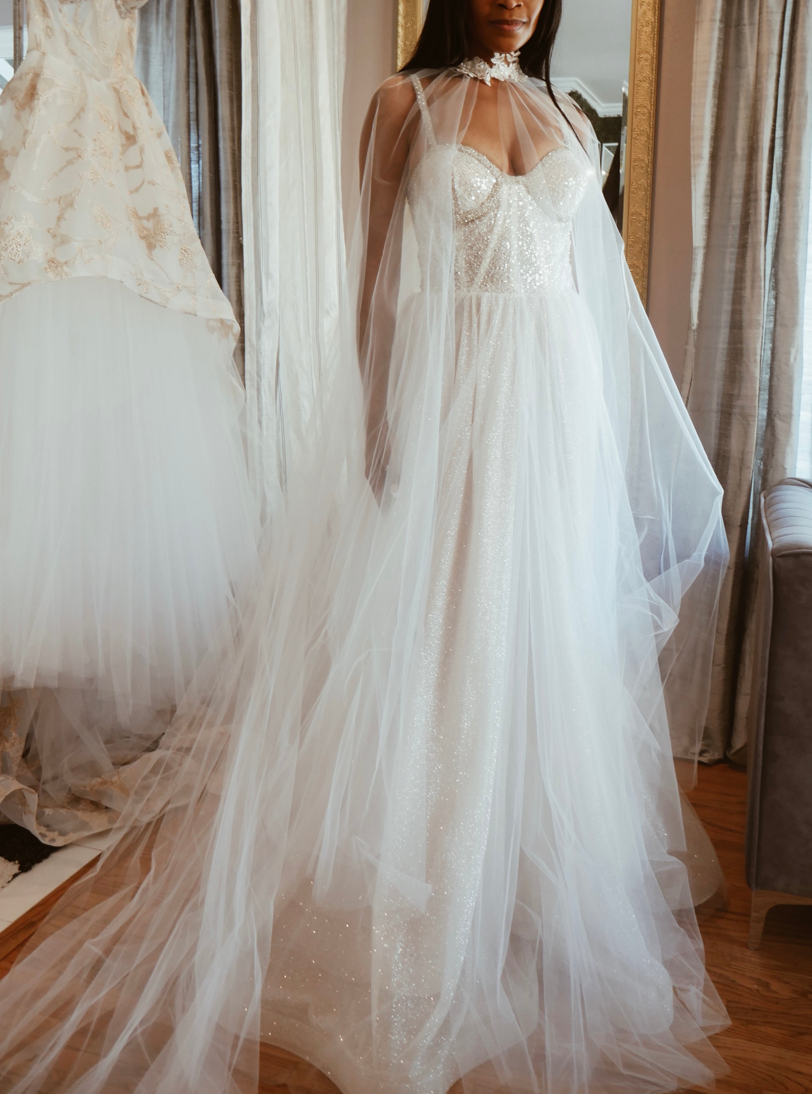 Vale Tulle Bridal Cape with Lace applique flower collar