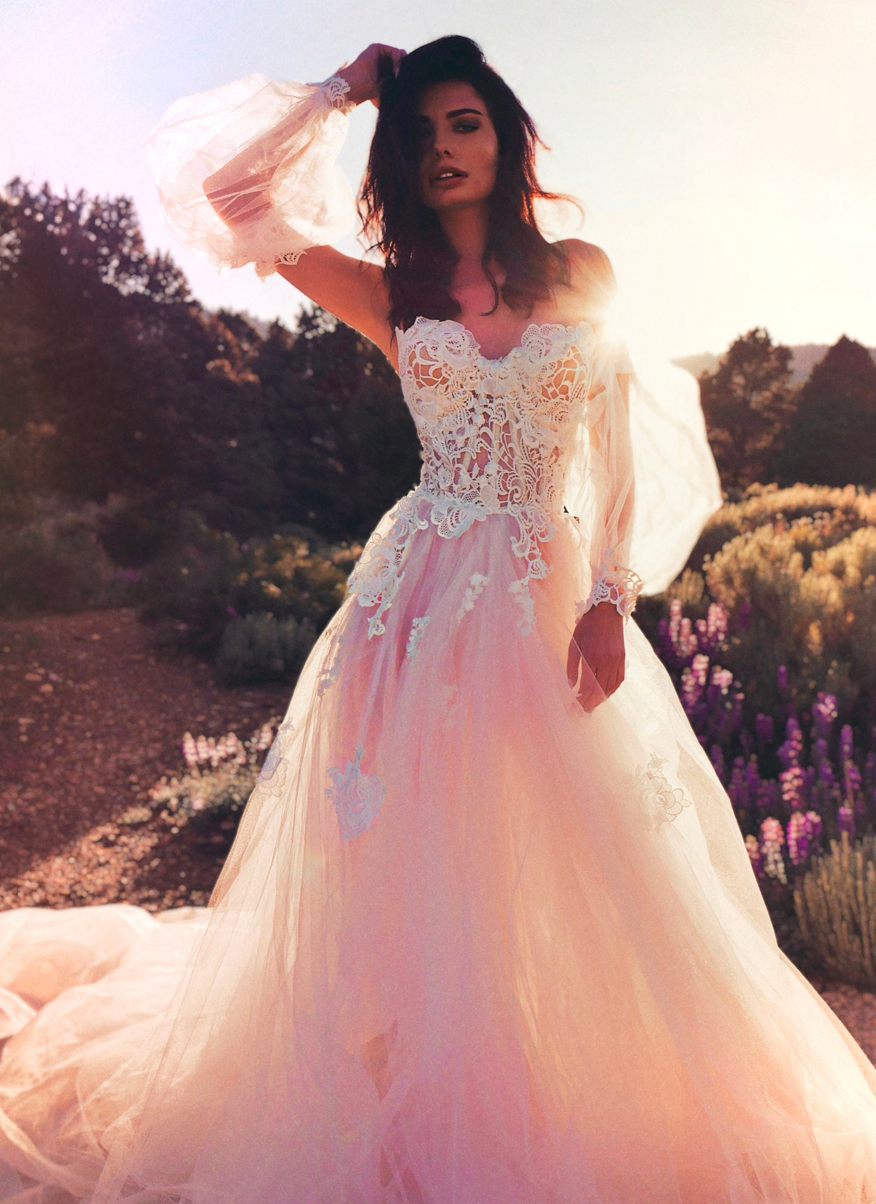 Detachable Guipure Lace and Tulle Bishop Sleeves on a wedding dress