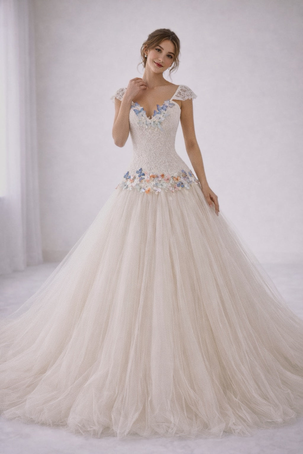 Rainbow butterfly wedding dress with lace bodice, sweetheart neckline, and soft pastel tulle skirt