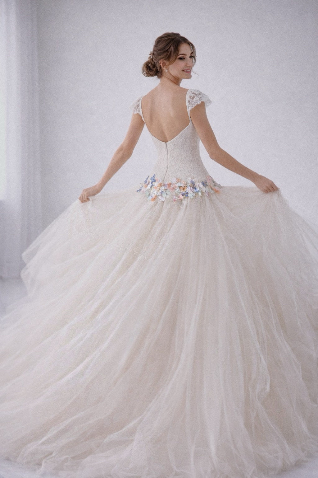 Rainbow wedding dress with butterfly appliqués and open back lace bodice,  tulle ball gown skirt