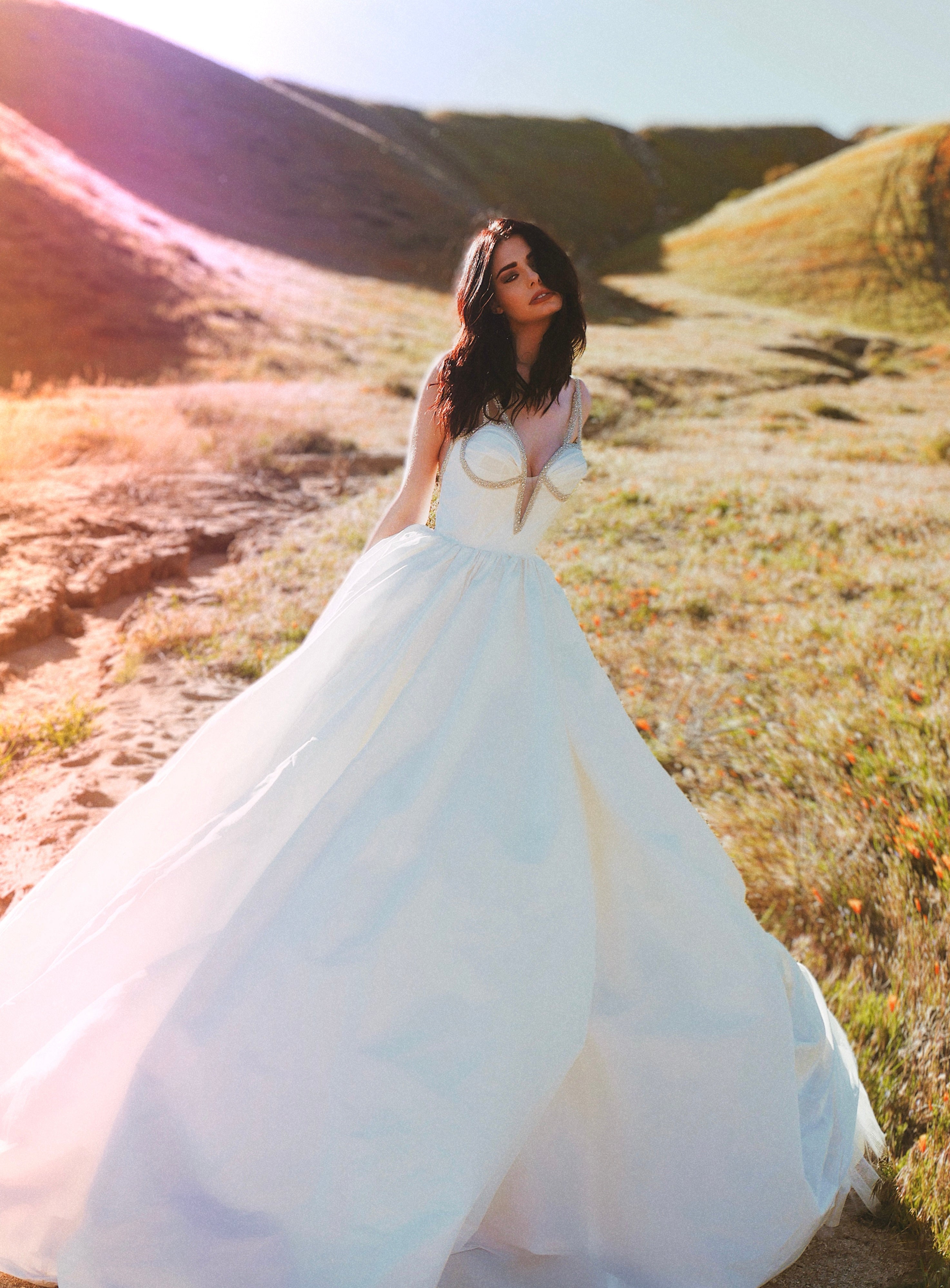 Lauren Elaine silk taffeta corset ball gown wedding dress in off white with crystal details.