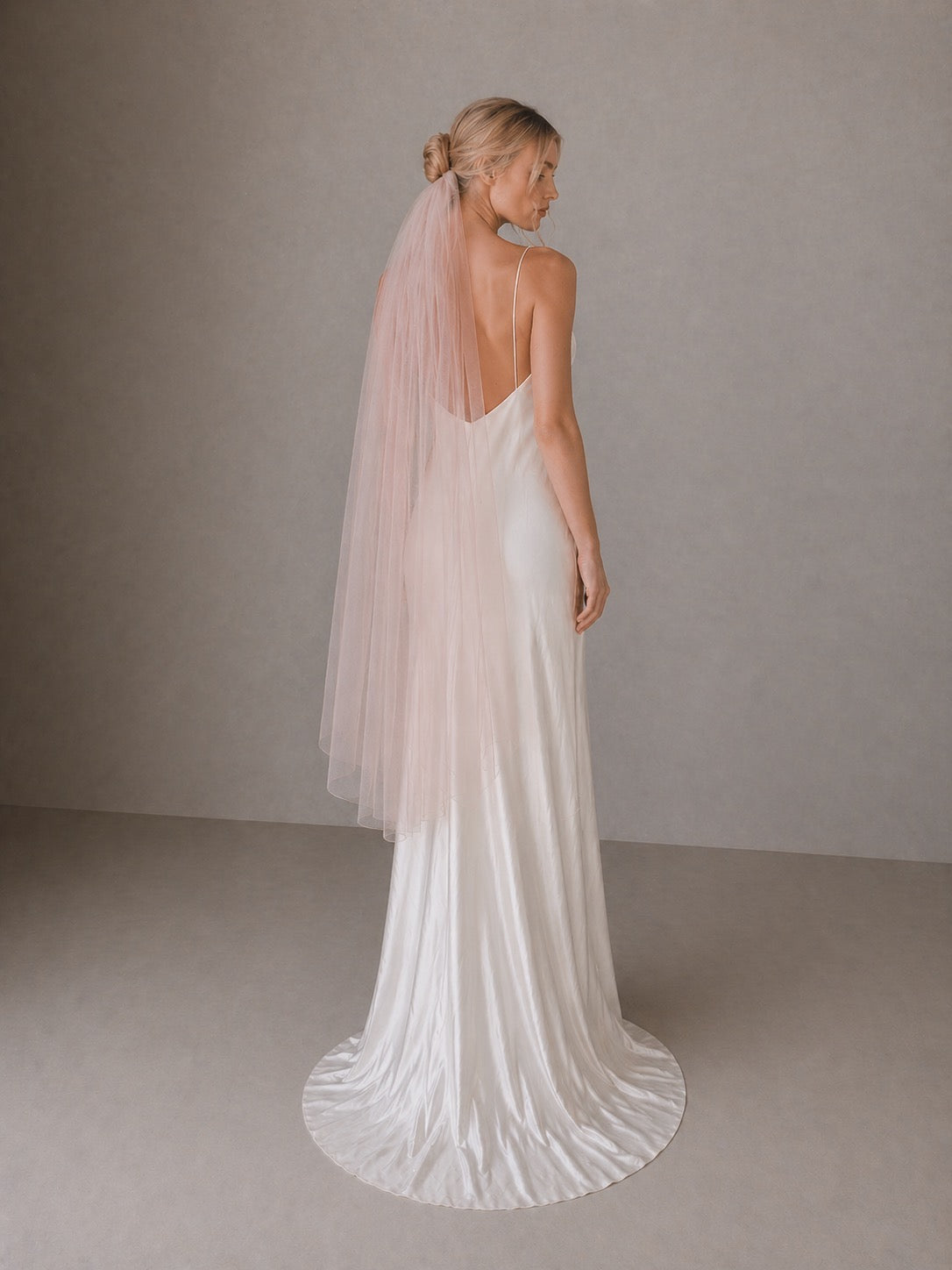blush classic tulle wedding veil slim width fingertip length soft sheer minimalist bridal veil
