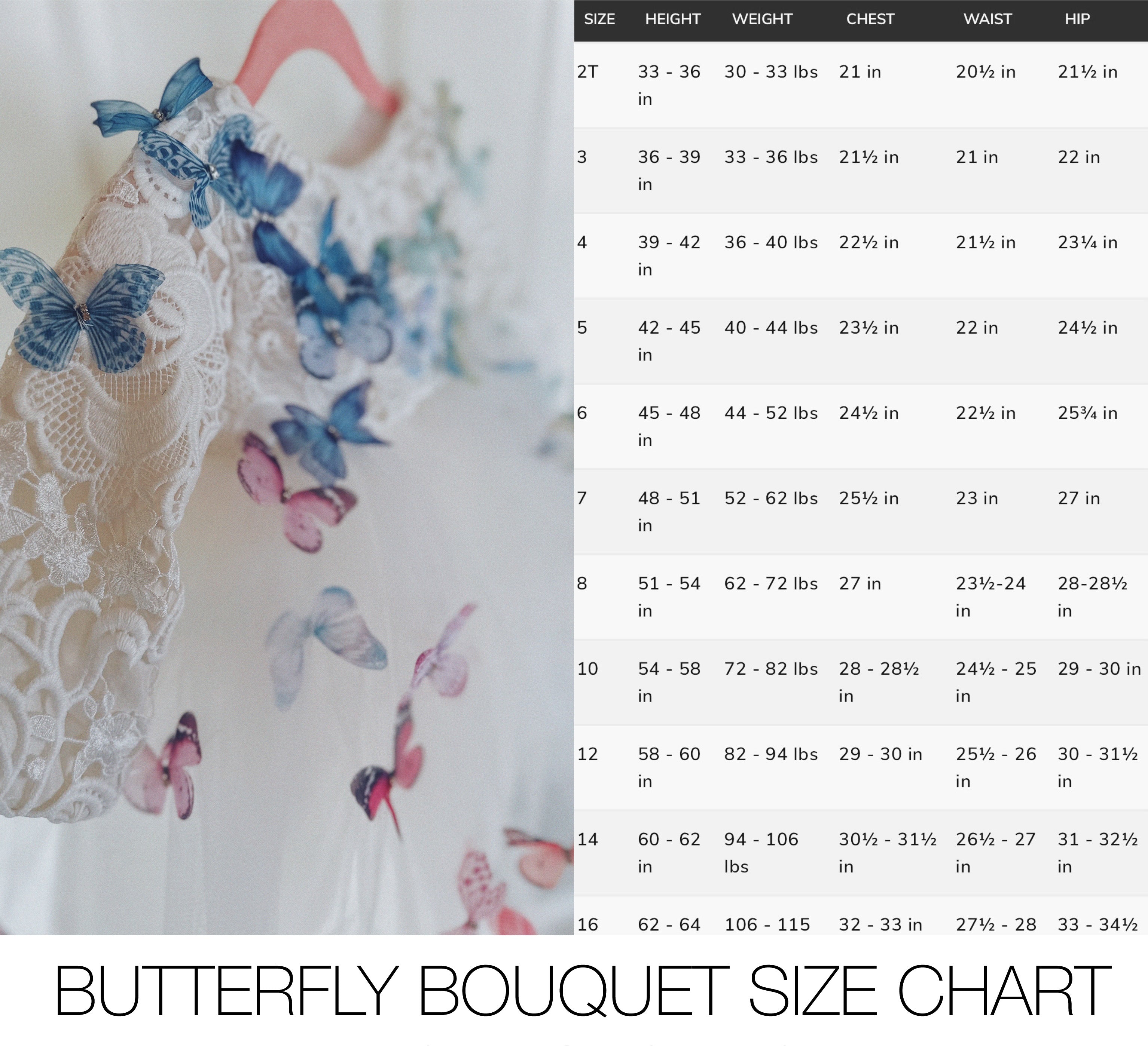 Lauren Elaine Rainbow Butterfly Bouquet Lace Ombré Flower Girl Dress Size chart