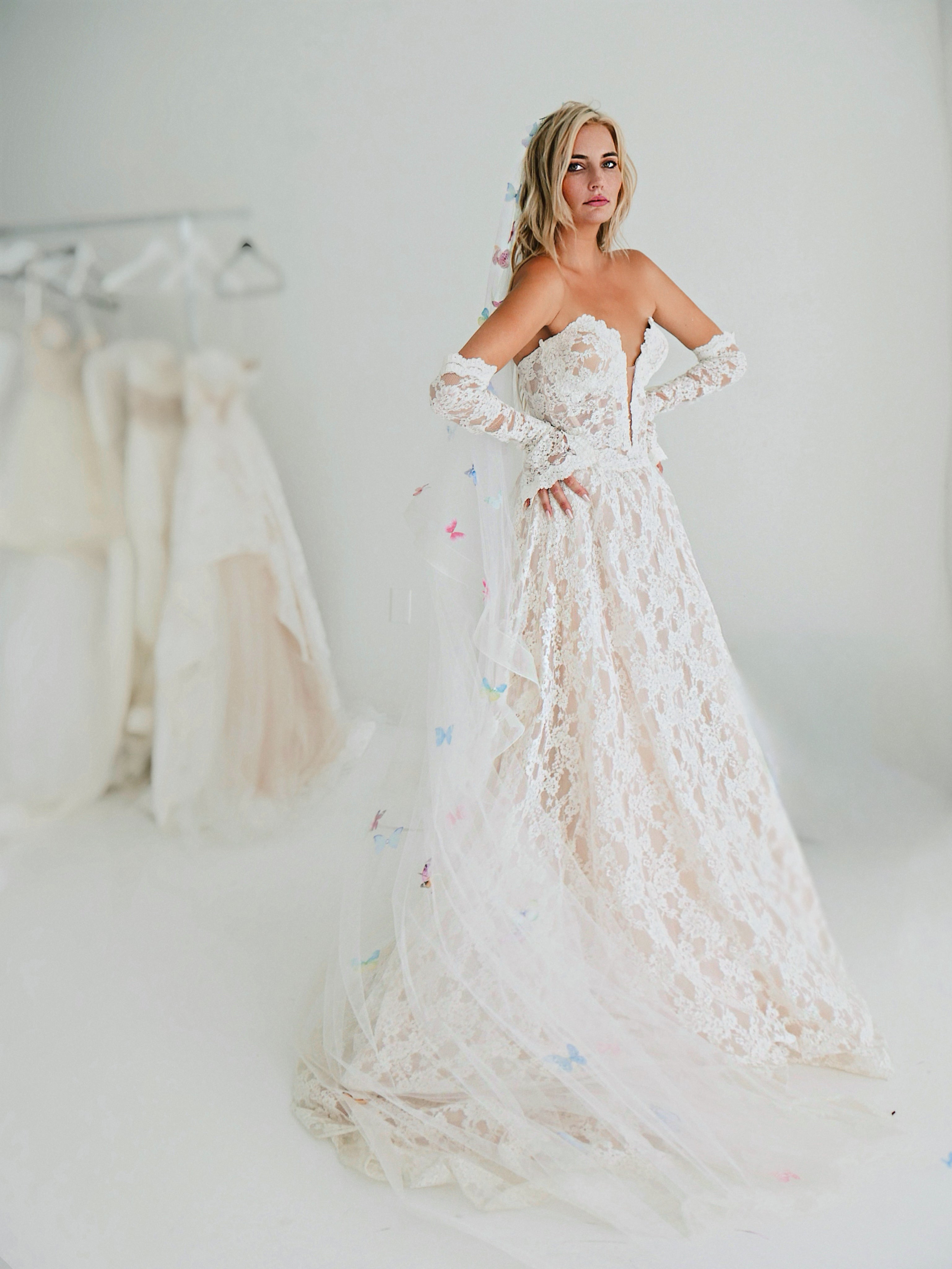 Lauren Elaine Kingsley Gown paired with the Lauren Elaine Butterfly Kaleidoscope Veil