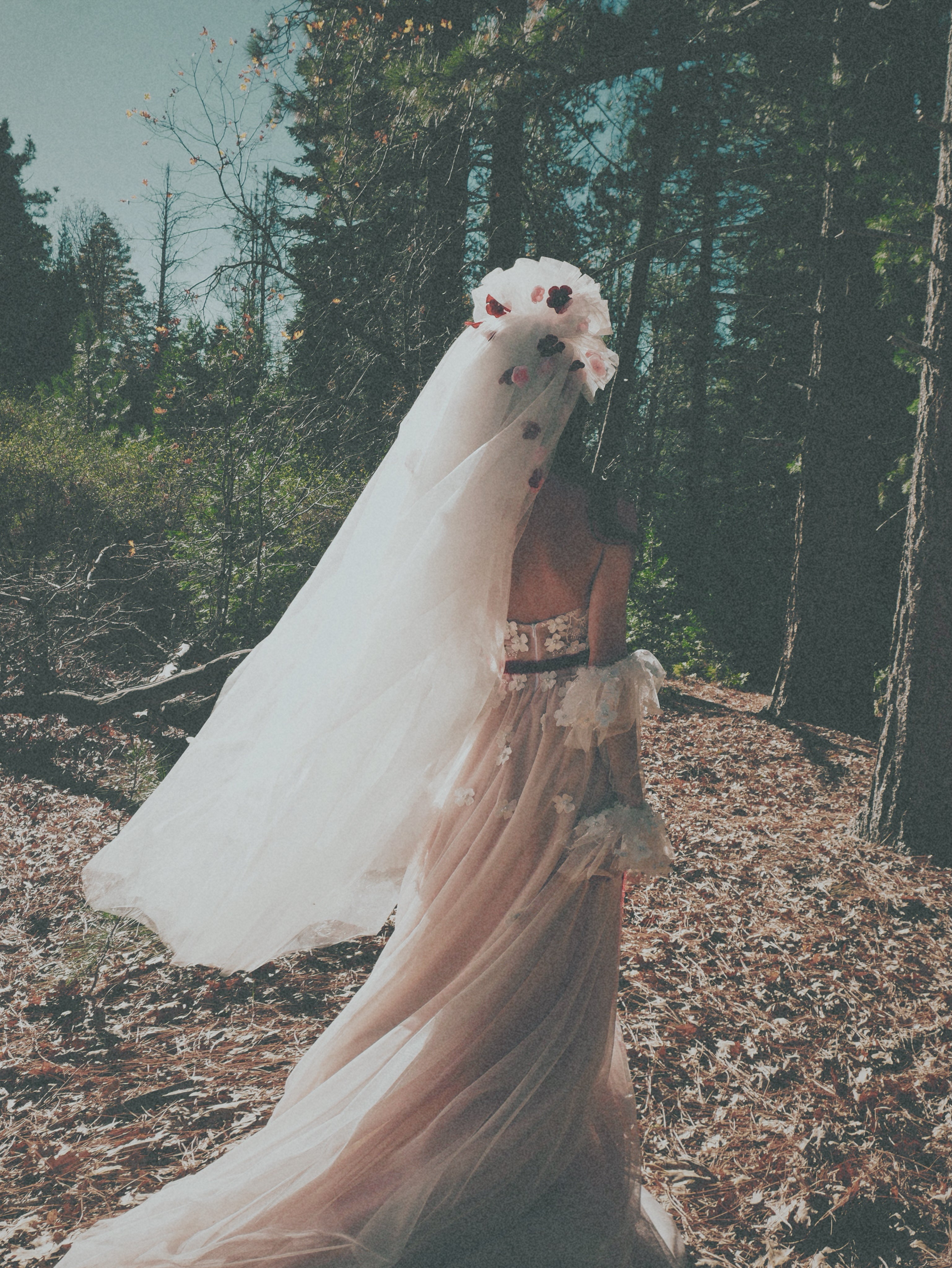 Full-length dramatic tulle bridal veil with red floral accents and oversized crown pouf by Lauren Elaine.