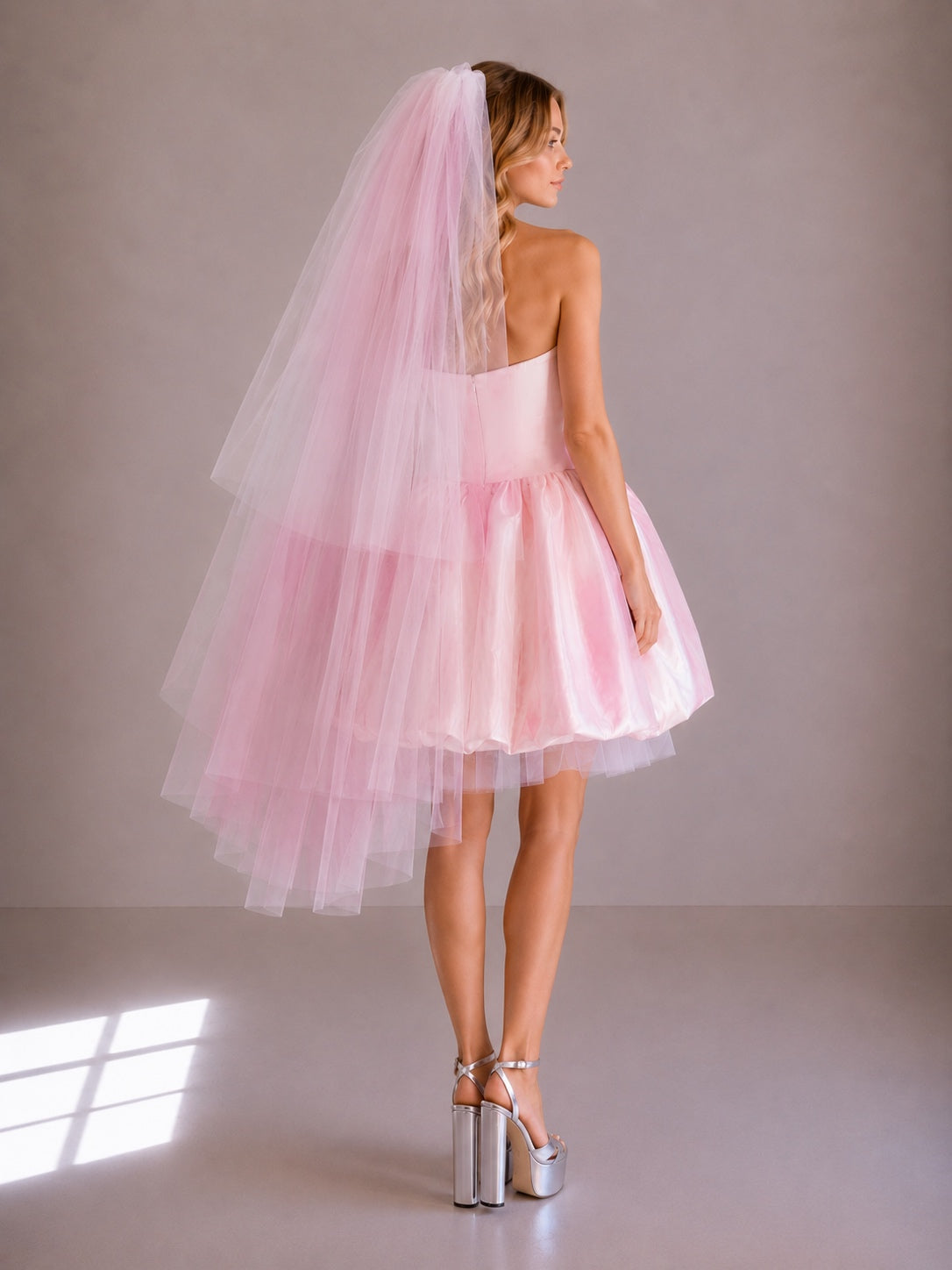 Blush watercolor bridal mini dress variation of the Moondreamer Mini with matching blush ombre wedding veil