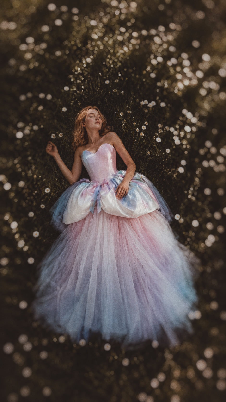 Moondreamer colorful wedding dress photographed in a daisy field, featuring a watercolor basque waist bodice, sculptural satin peplum, and pastel ombré tulle ball gown skirt.
