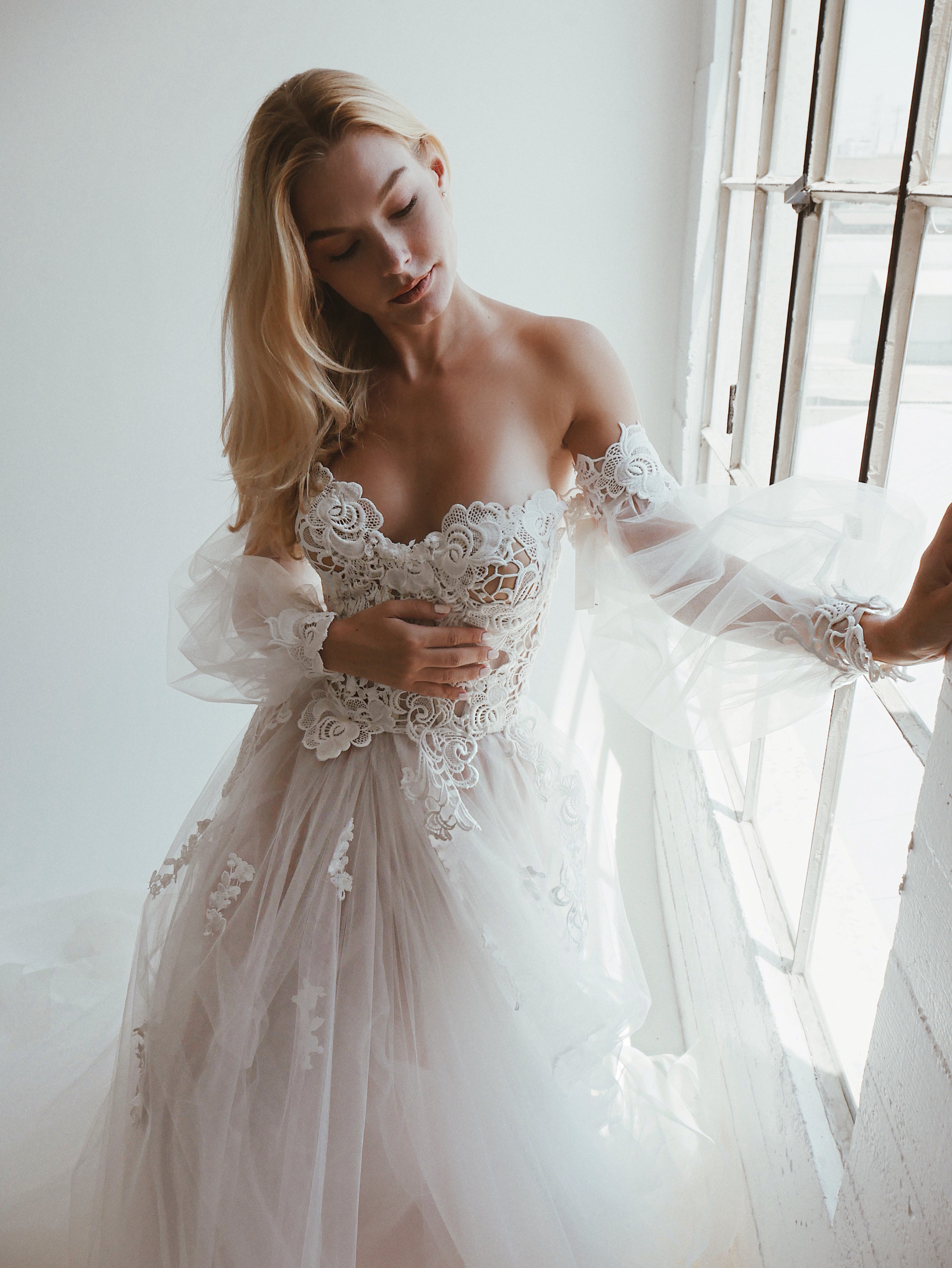 Detachable Guipure Lace and Tulle Bishop Sleeves paired with the Lauren Elaine Pastora Gown