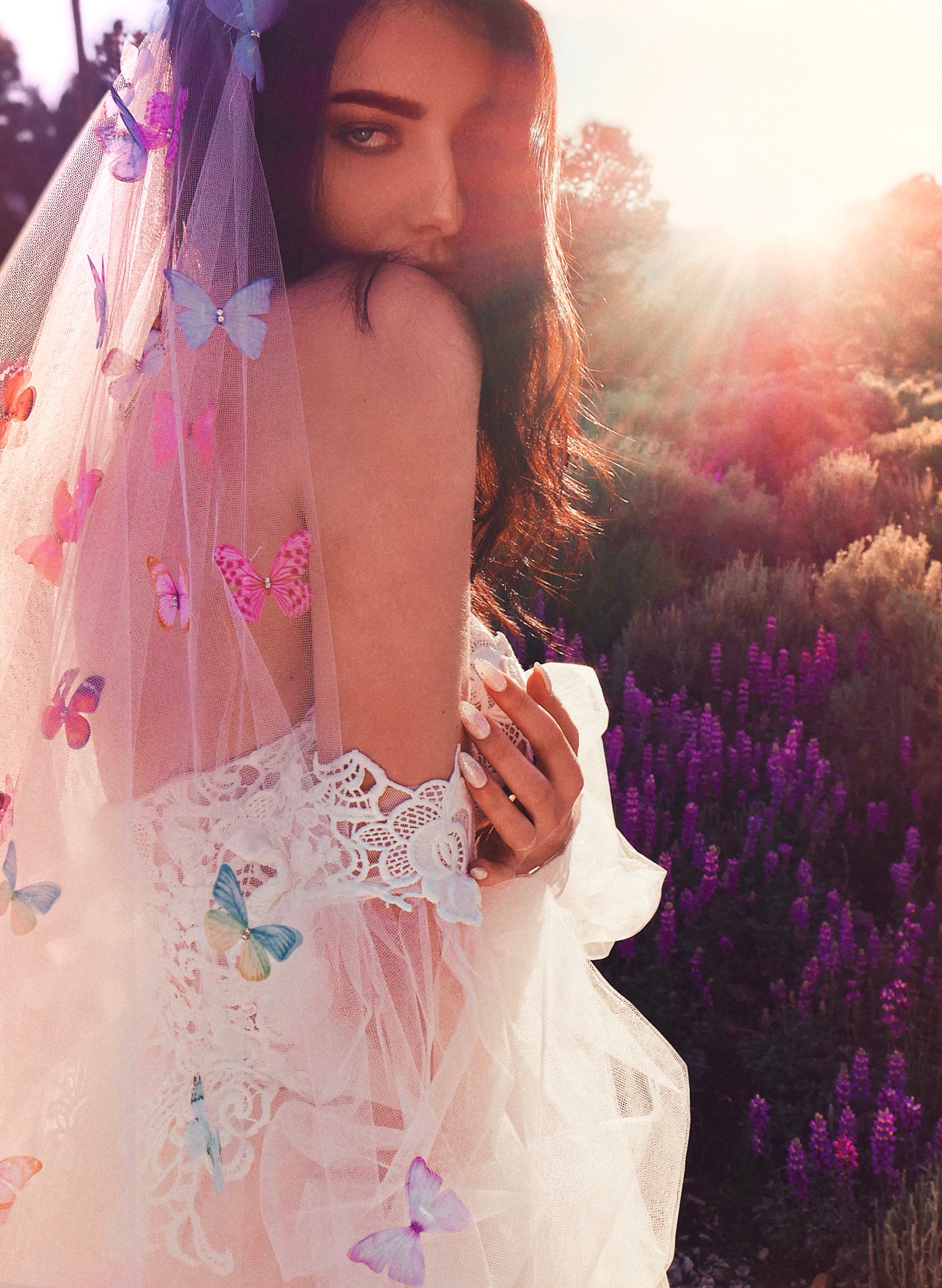 Ombre Rainbow Colorful Butterfly Wedding Veil 