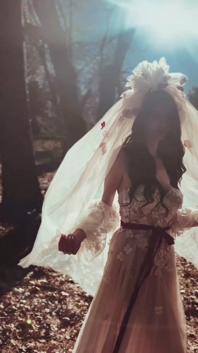 Long flowing vintage-style tulle veil with red and blush 3D flowers, CHÉRIE by Lauren Elaine.