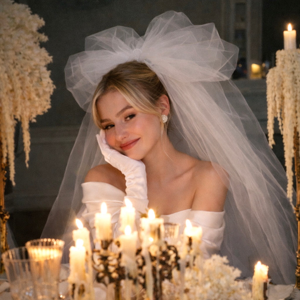 Bride Abigail wears a voluminous 1980s inspired wedding veil with oversized bow  Lauren Elaine