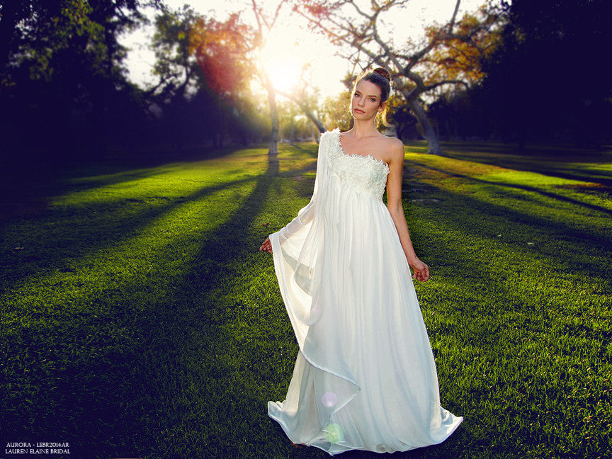 Draped chiffon A-line one-shoulder wedding gown with floral butterflies and Swarovski crystals