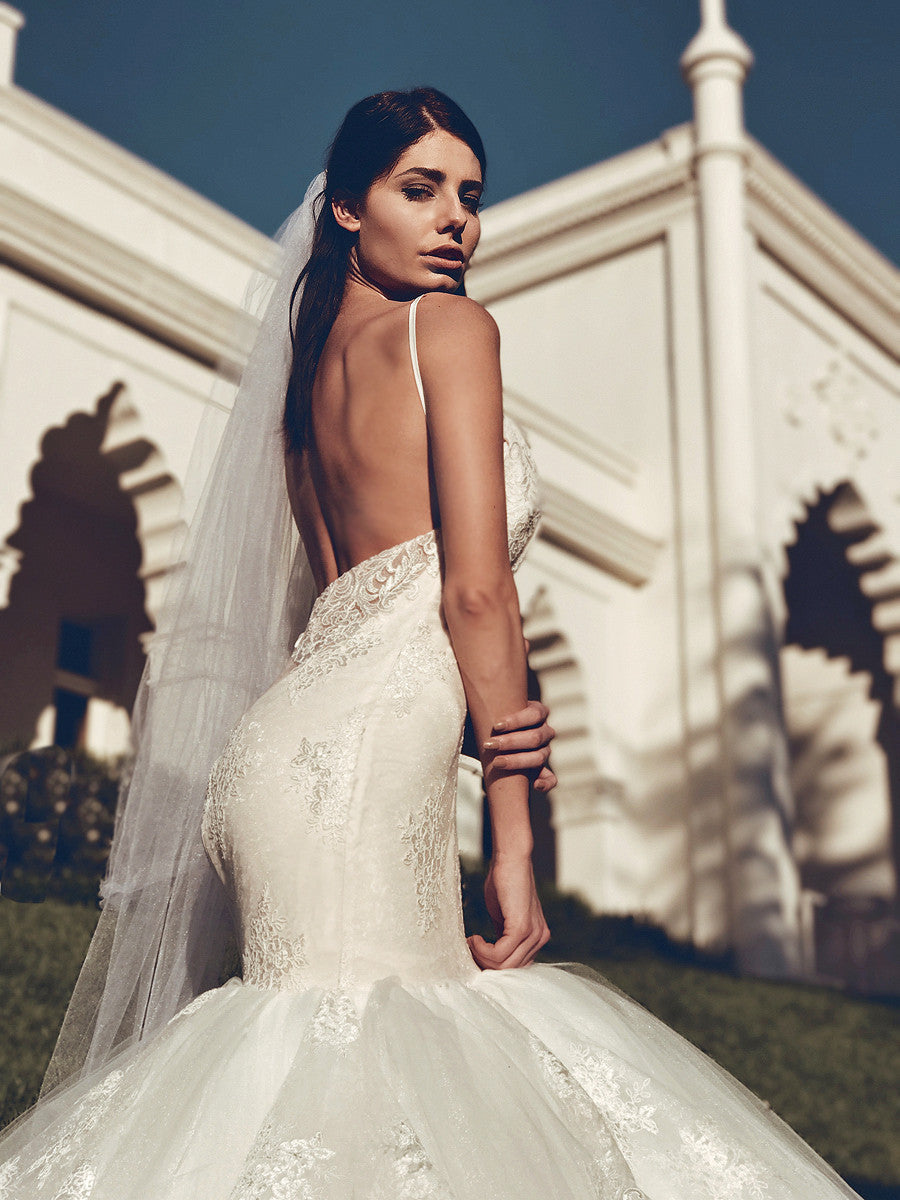 Arabelle backless mermaid lace wedding gown by Lauren Elaine bridal pictured in Ivory