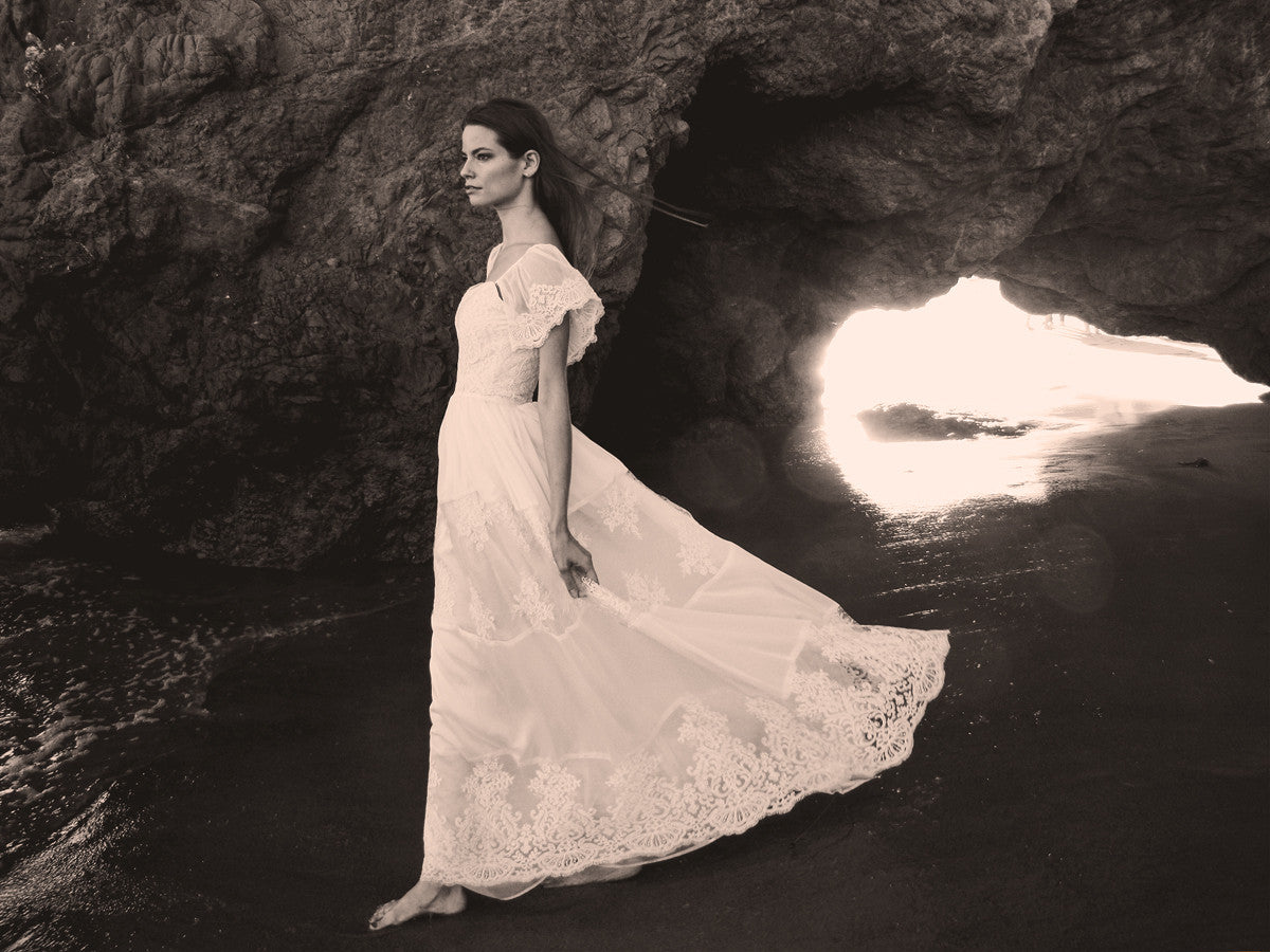 Vintage-inspired lace and chiffon a-line "Astoria" wedding gown by Lauren Elaine Bridal.