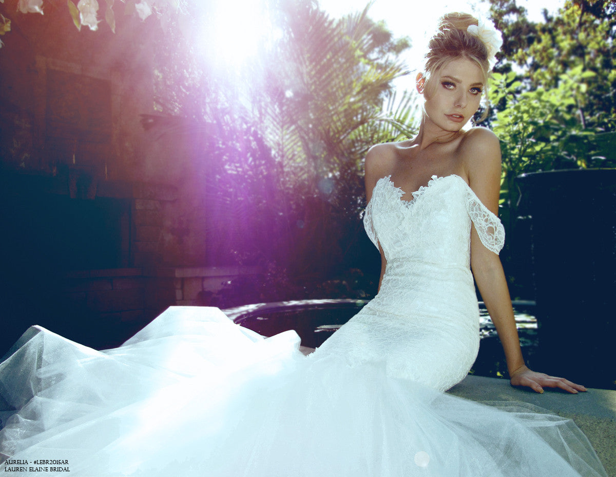 Aurelia Wedding dress. Mermaid silhouette of tulle and lace. Affordable, Designer Bridal.