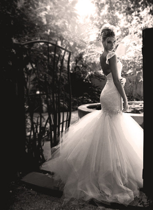 Lauren Elaine Aurelia Gown. Backless Mermaid wedding gown with tulle & lace.