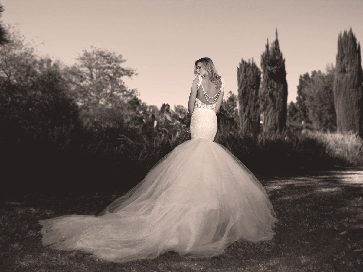 Mermaid wedding gown with detachable cathedral train. Oriana by Lauren Elaine.