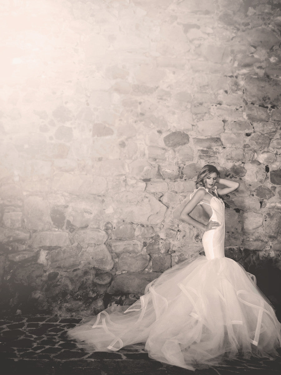 Sexy backless wedding gowns by Lauren Elaine Bridal. Vivianna horsehair mermaid gown.