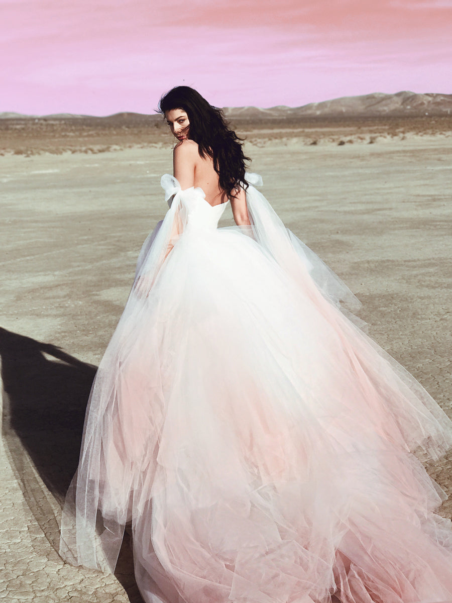 Blush ombre tulle wedding dress with long train in desert