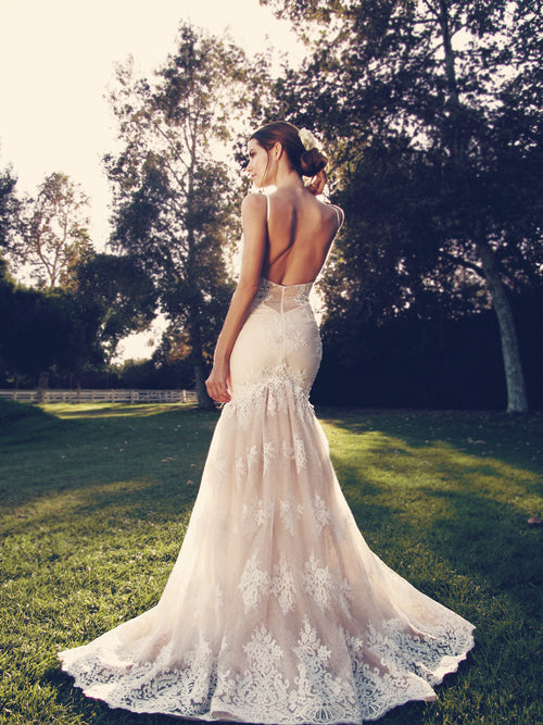 Vaile by Lauren Elaine blush mermaid wedding gown with illusion back and scalloped lace train.