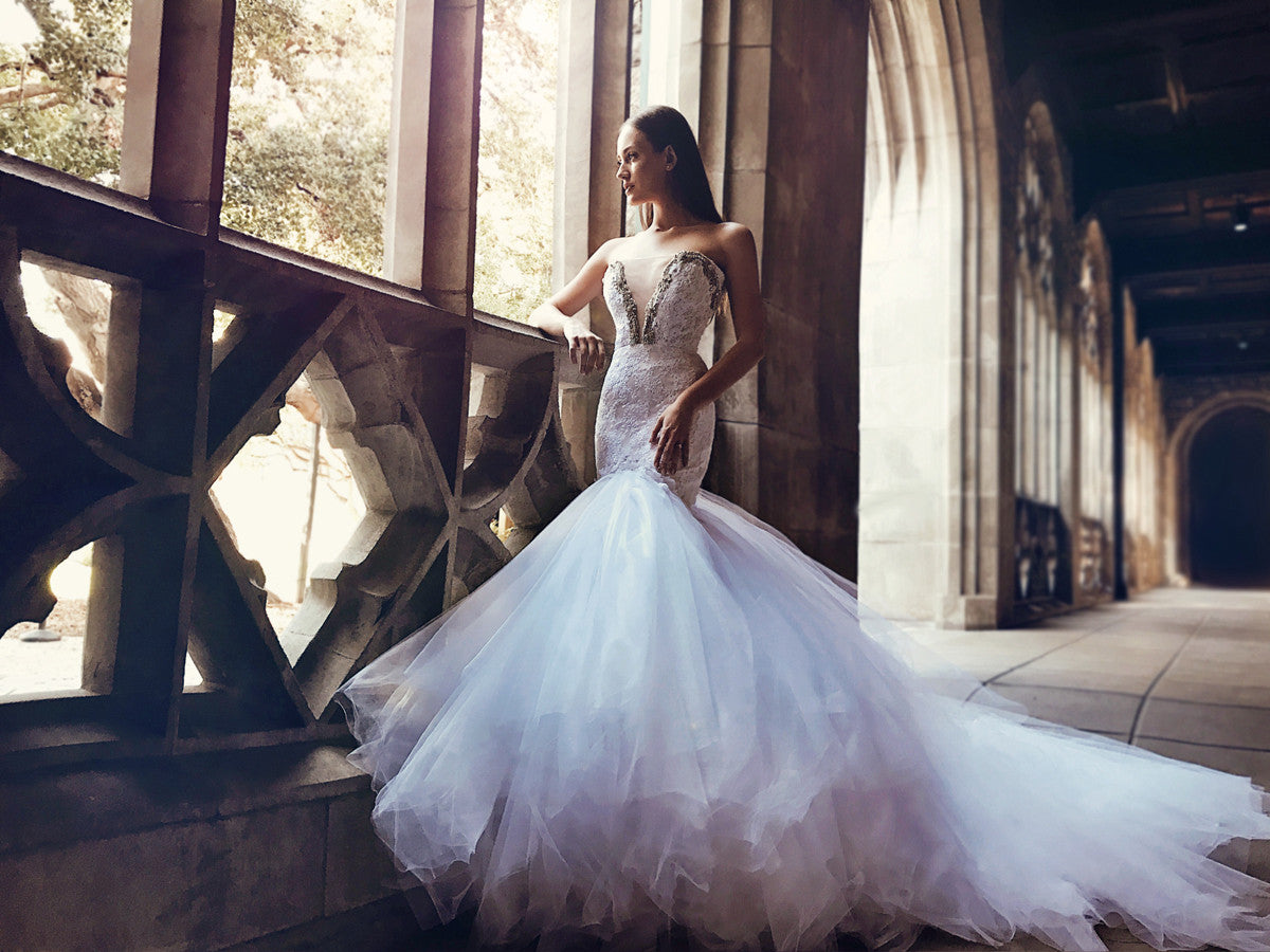 fairytale tulle mermaid wedding gown cathedral train sparkle crystal bead detailing 
