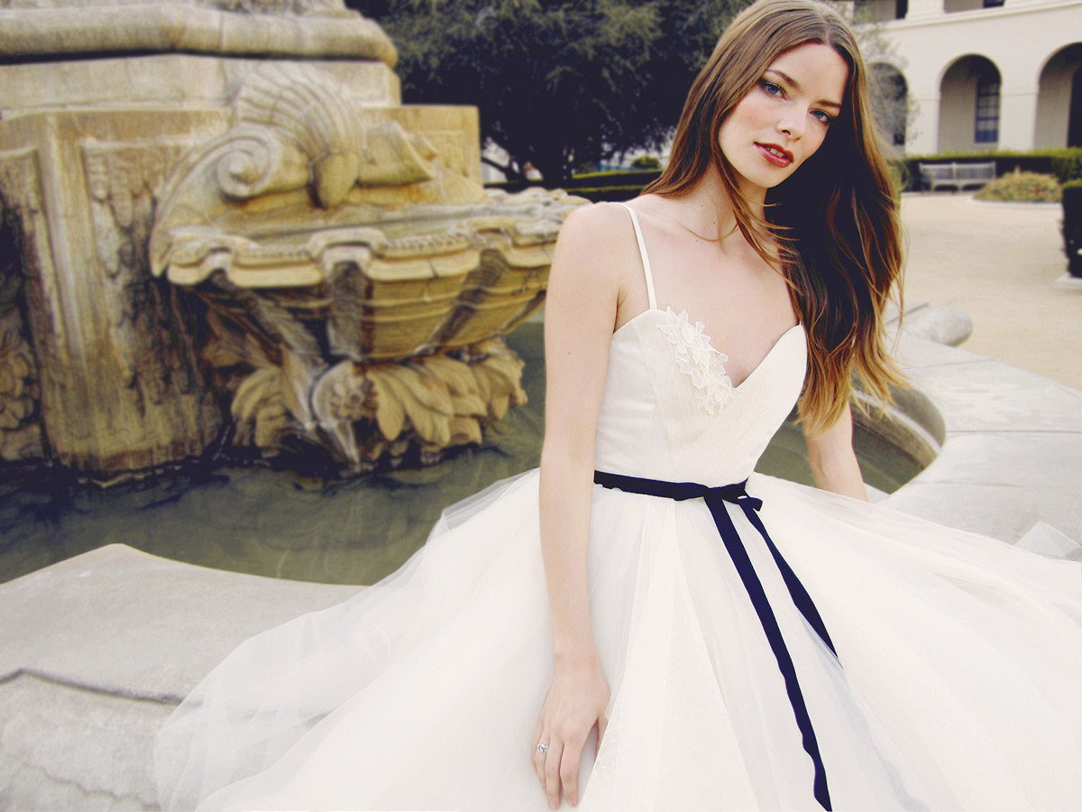 Sweetheart wedding dress with spaghetti straps and Point D'Esprit.