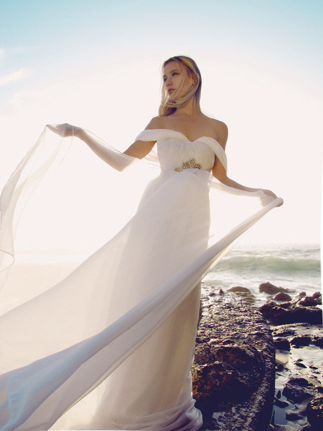 A-line Gown, Off-The-Shoulder, Ruched, Chiffon, Sweetheart, Swarovski Crystal
