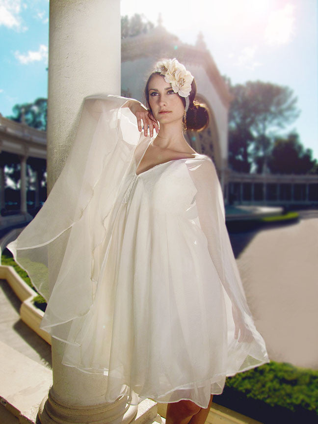 lauren elaine bridal capelet dress tea length vintage astra gown