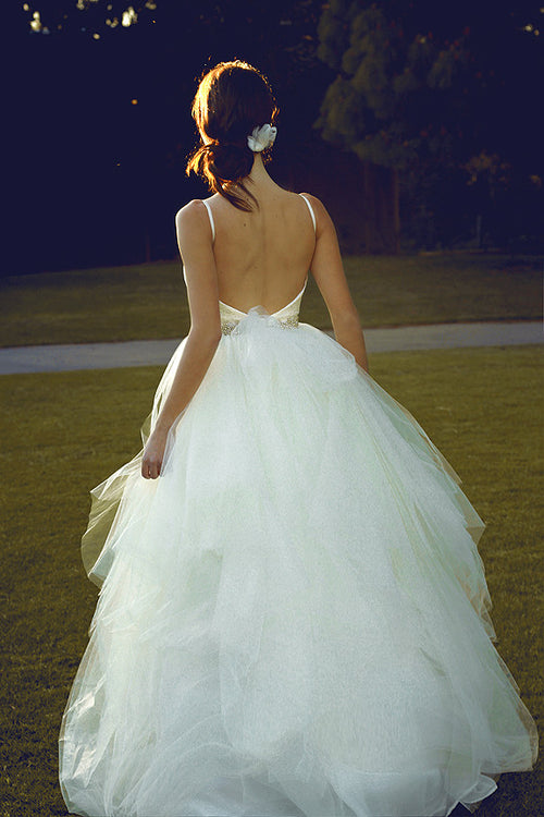 Tulle, lace, and Swarovski crystal ball gown with open back