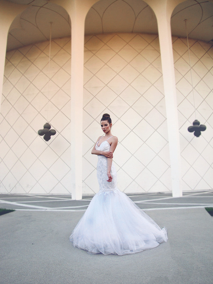 Lauren Elaine Anastasia bridal gown. Dramatic mermaid gown with open back design.