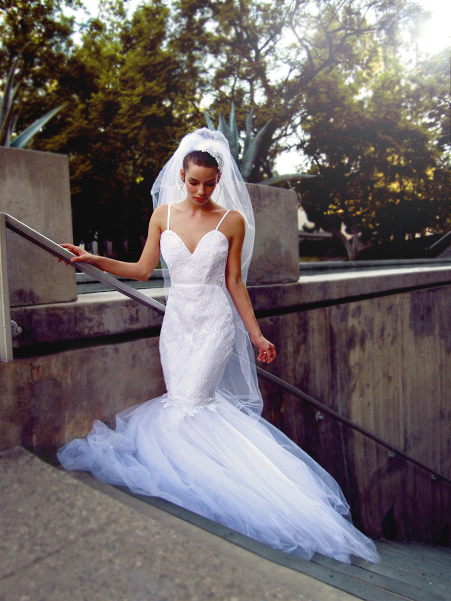 Tulle mermaid Anastasia gown by Lauren Elaine Bridal. Made in the USA.