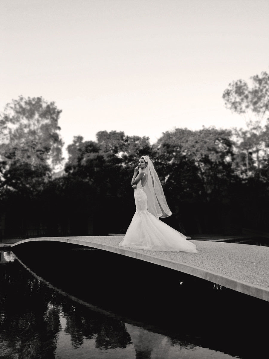 Backless bridal gown. Mermaid silhouette. Dramatic tulle wedding dress. Designer bridal.